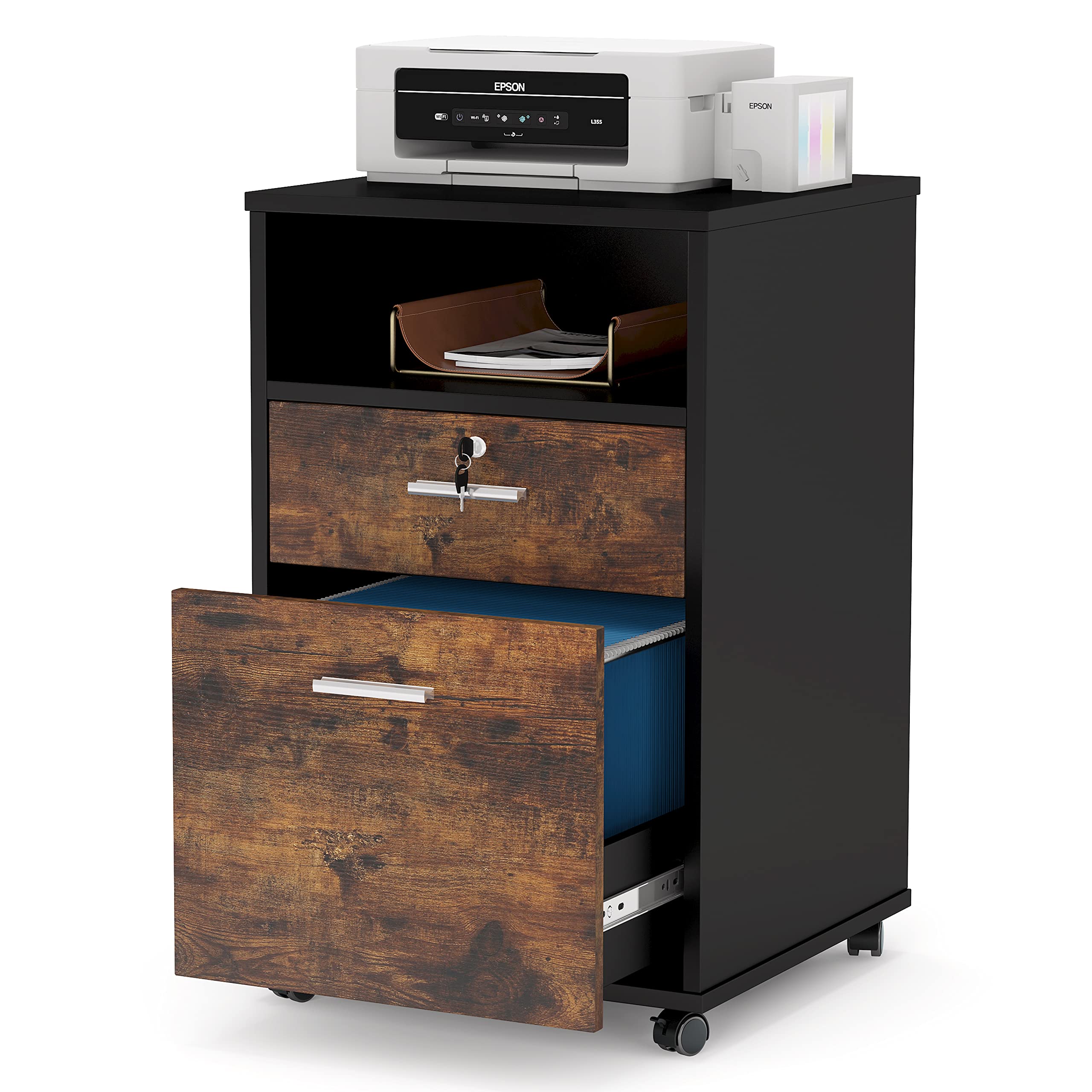 TribesignsWAY TO ORIGIN Mobile File Cabinet with Lock, 2 Drawer Wood Filing Cabinet for Letter Size, Modern Printer Stand with Rolling Wheels Open Storage Shelf for Home Office (Brown)
