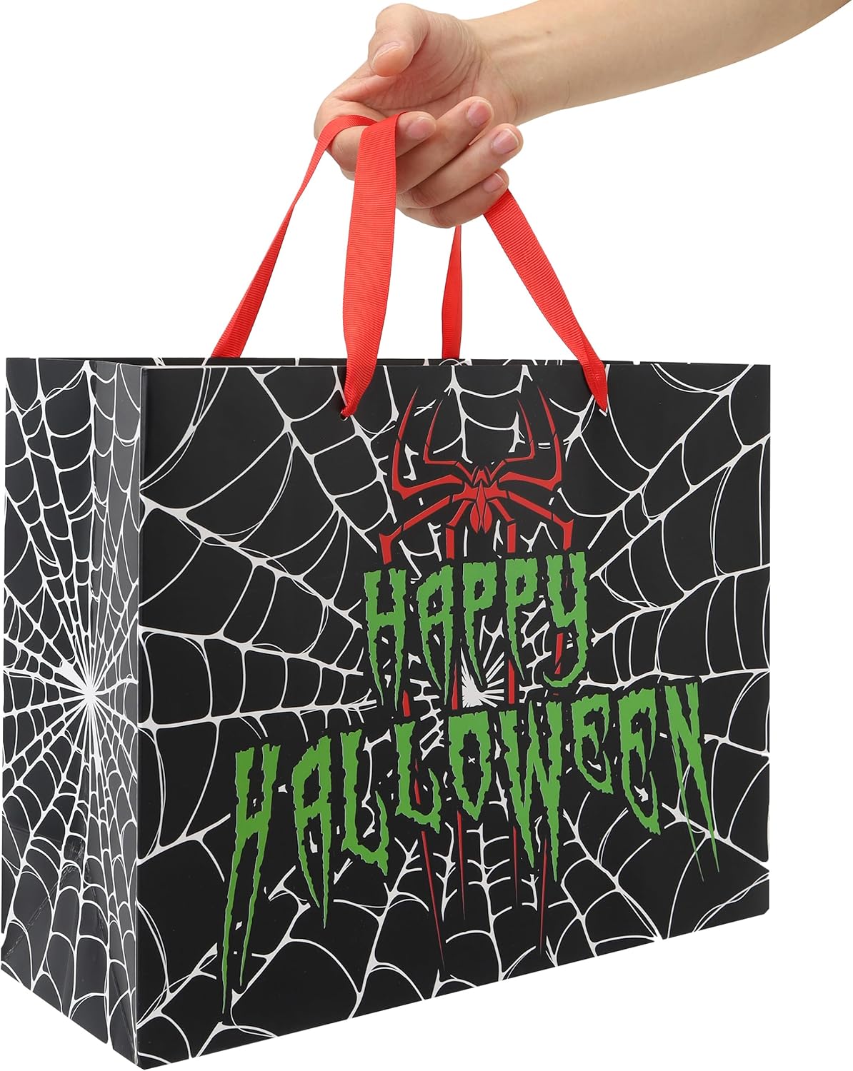 13'' Large Halloween Black Gift Bag Set with Handles, Greeting Card, Green Tissue Papers and Stickers for Halloween Party Favors, Spider Design, 1 Pcs - Image 6