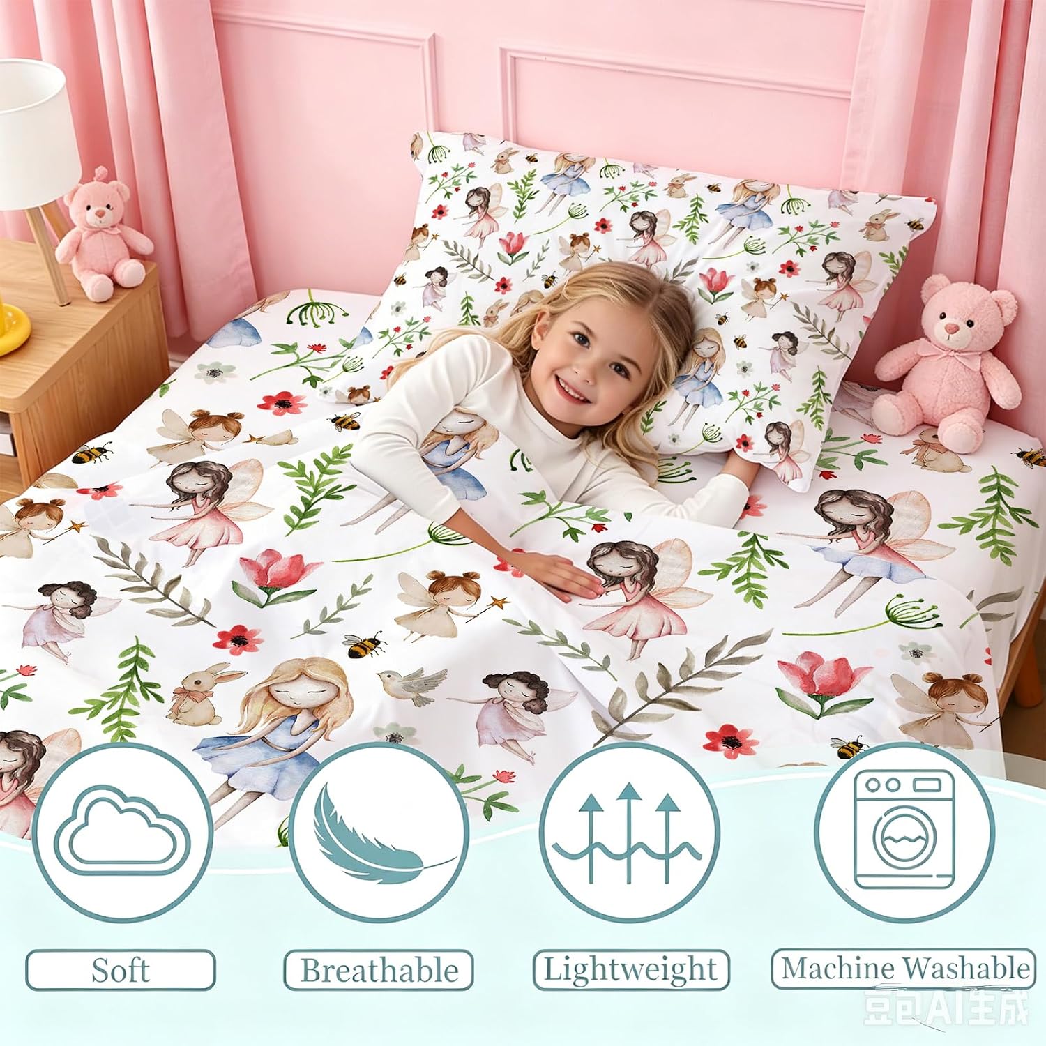 Twin Size Fairy Girls Sheets Set 4 Pieces Flower Grass Twin Bed Sheets for Kids,Girls Decoration Bedroom Bedding Set Breathable & Washable Cute Sheet and Pillowcase Sets