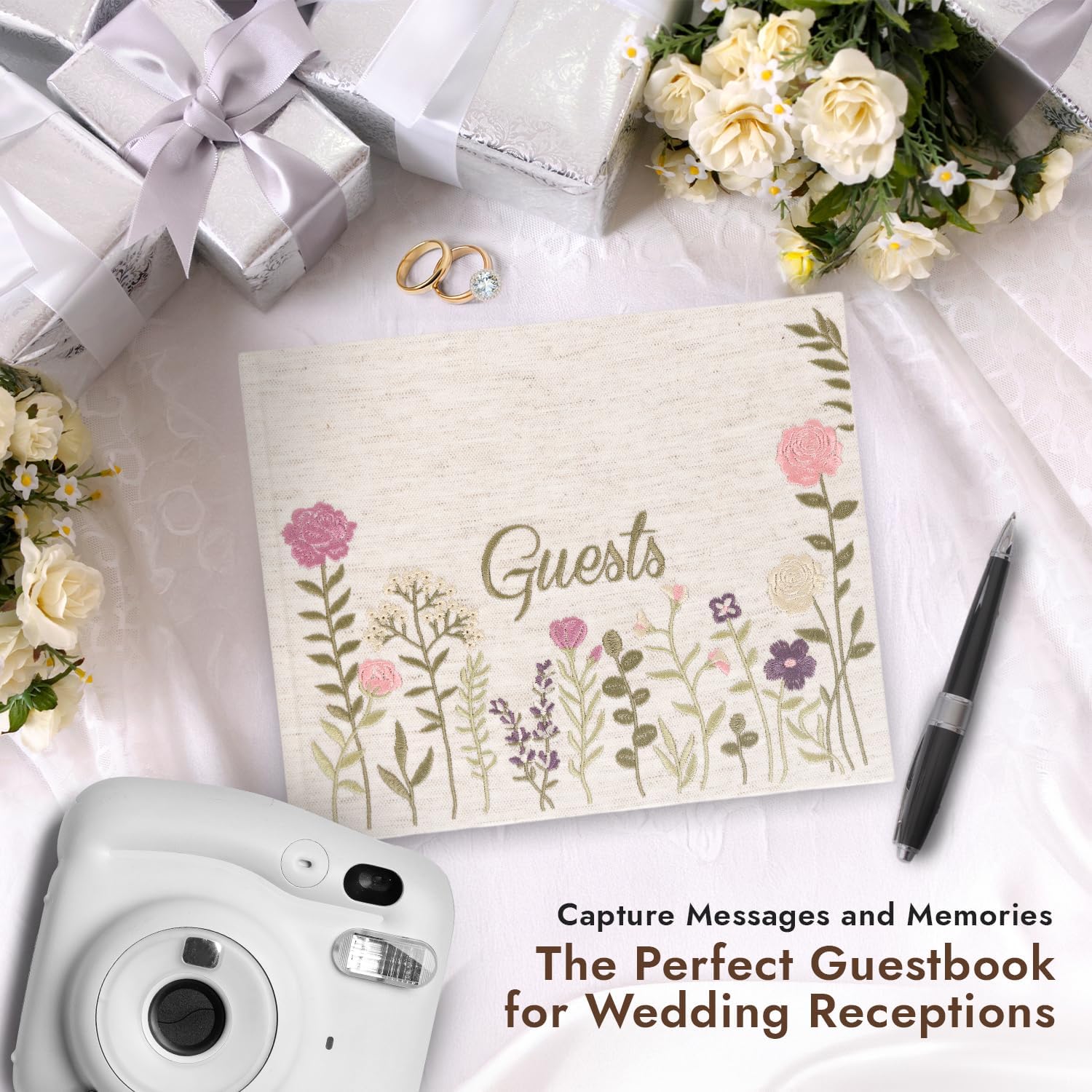 Floral Embroidered Wedding Guest Book Linen Polaroid Guest Book for Wedding Reception Party, Bridal Shower, Baby Shower, Quinceañera-160 Blank Decorative Pages Hardcover Guestbook Wedding Reception
