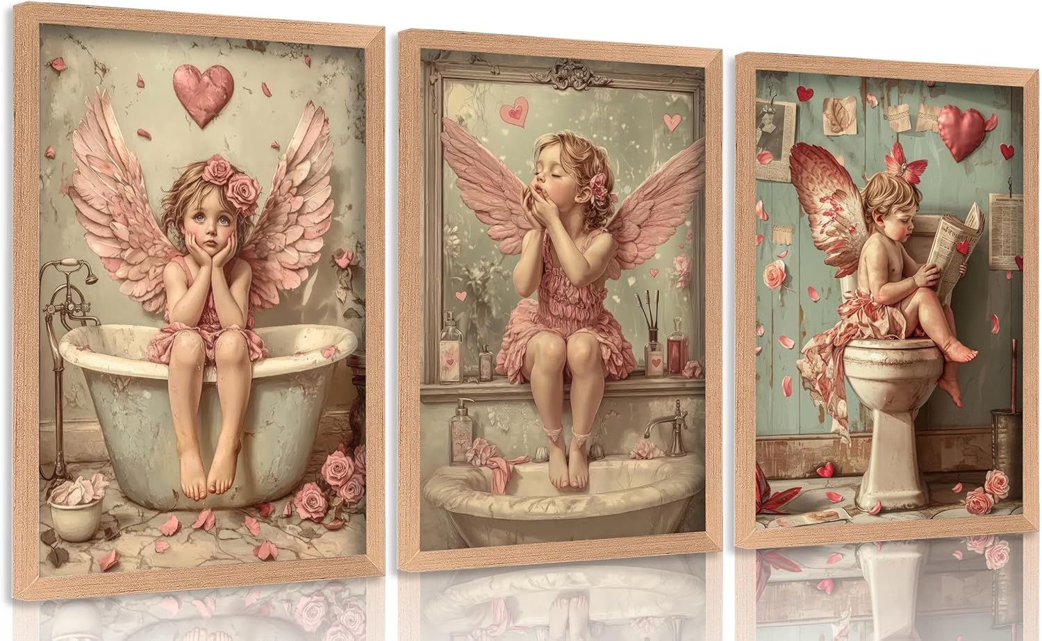 Framed Funny Pink Valentines Day Bathroom Wall Art Vintage Cute Cupid on Toilet Picture Wall Decor Angel in Bathtub Poster Romantic Victorian Heart Canvas Prints Artwork for Restroom Toilet