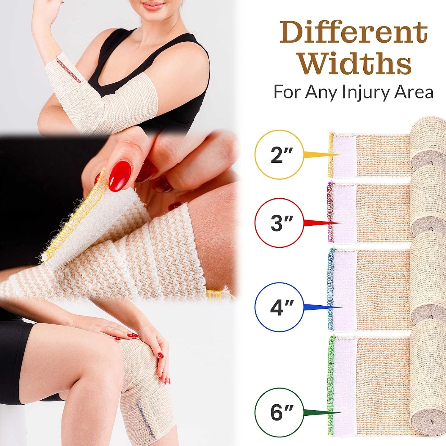 Premium Elastic Bandage Wrap (2” 3" 4" 6" Variety Pack) - Nexskin Latex Free Medical Compression Bandages Hook & Loop Fasteners at Both Ends - Lifetime Washable & Reusable USA Organic Cotton Bandage