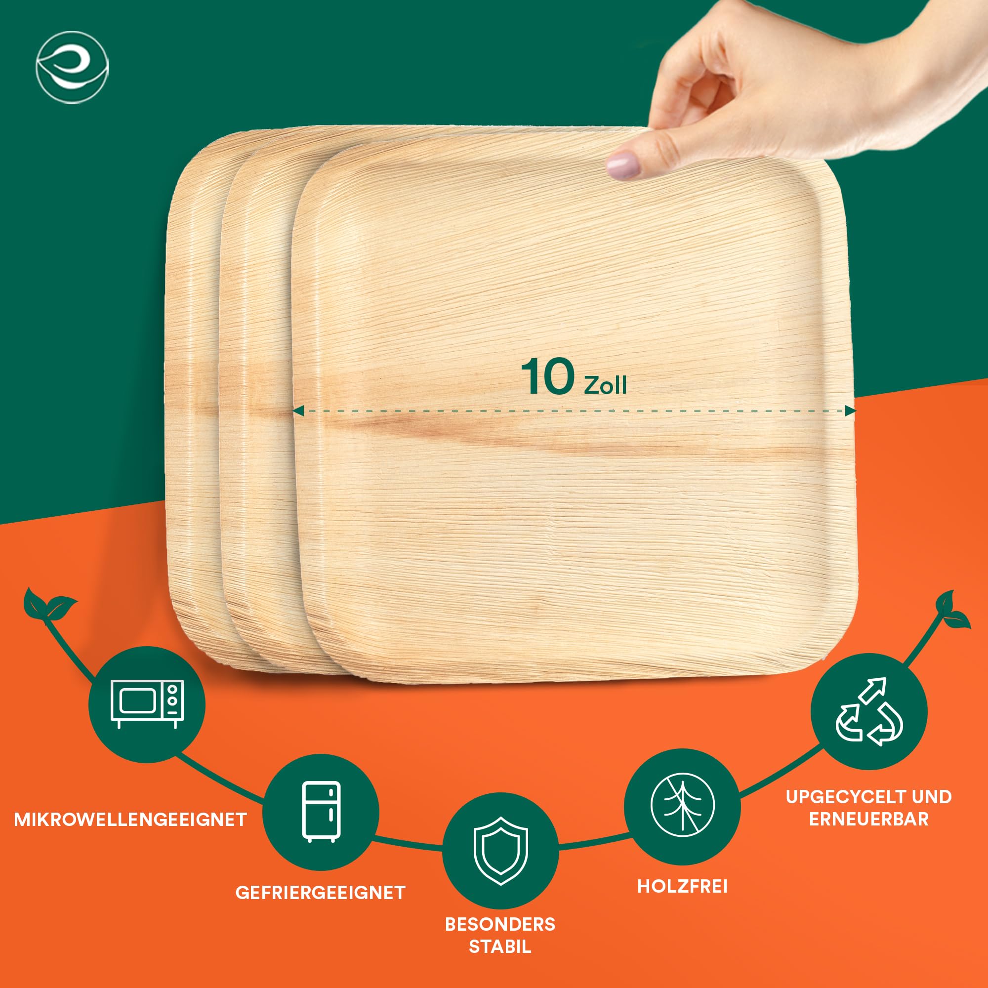 ECO SOUL Bambus teller 10"(25 cm) Palmblatt teller Einwegteller(100 Stück) | 100% natürliches Palmblatt, Extra stabil für heiße & kalte Speisen, Fett & schnittfest, Kompostierbare Alternative zu Plast