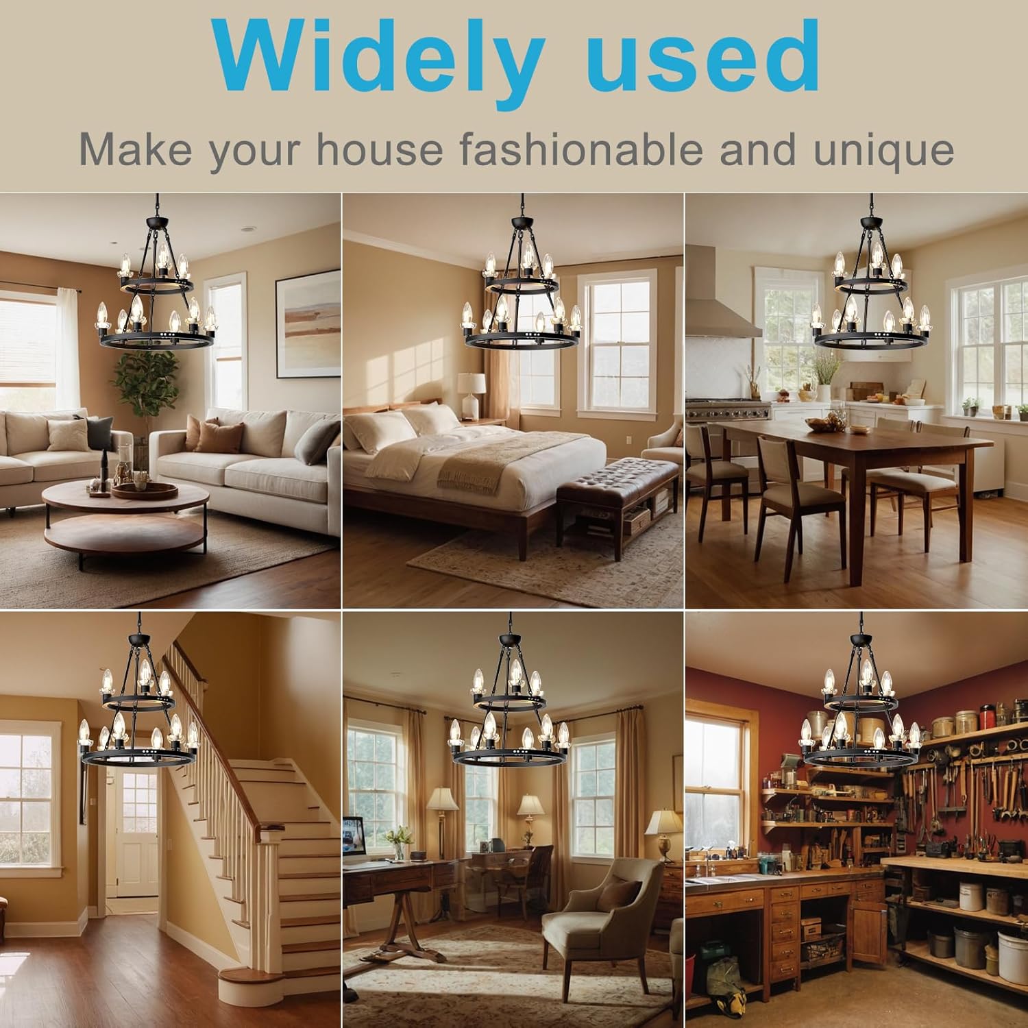 Lightdot 2 Tier Wagon Wheel Chandelier, 9-Light 36" Rustic Pendant Light Fixture for Ceiling, Height Adjustable Round Hanging Light for Kitchen Island, Living Room, E12 Base, Filter Bulb