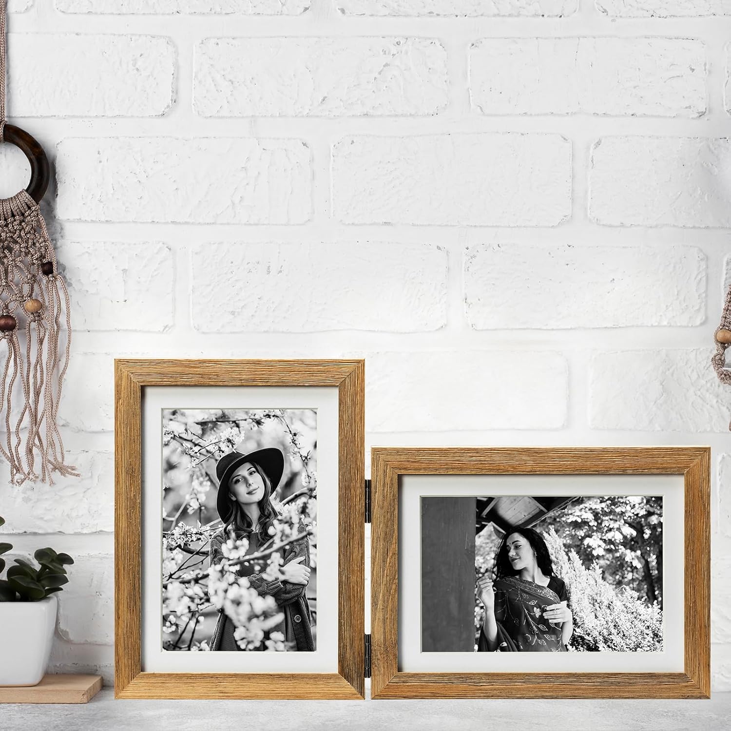 Double 5x7 Hinged Picture Frame Vertical Horizontal Folding Photo Frame Pine Wood with Real Glass, Matted to 4x6, Table Desktop Free-Standing or Wall Art Display, Brown