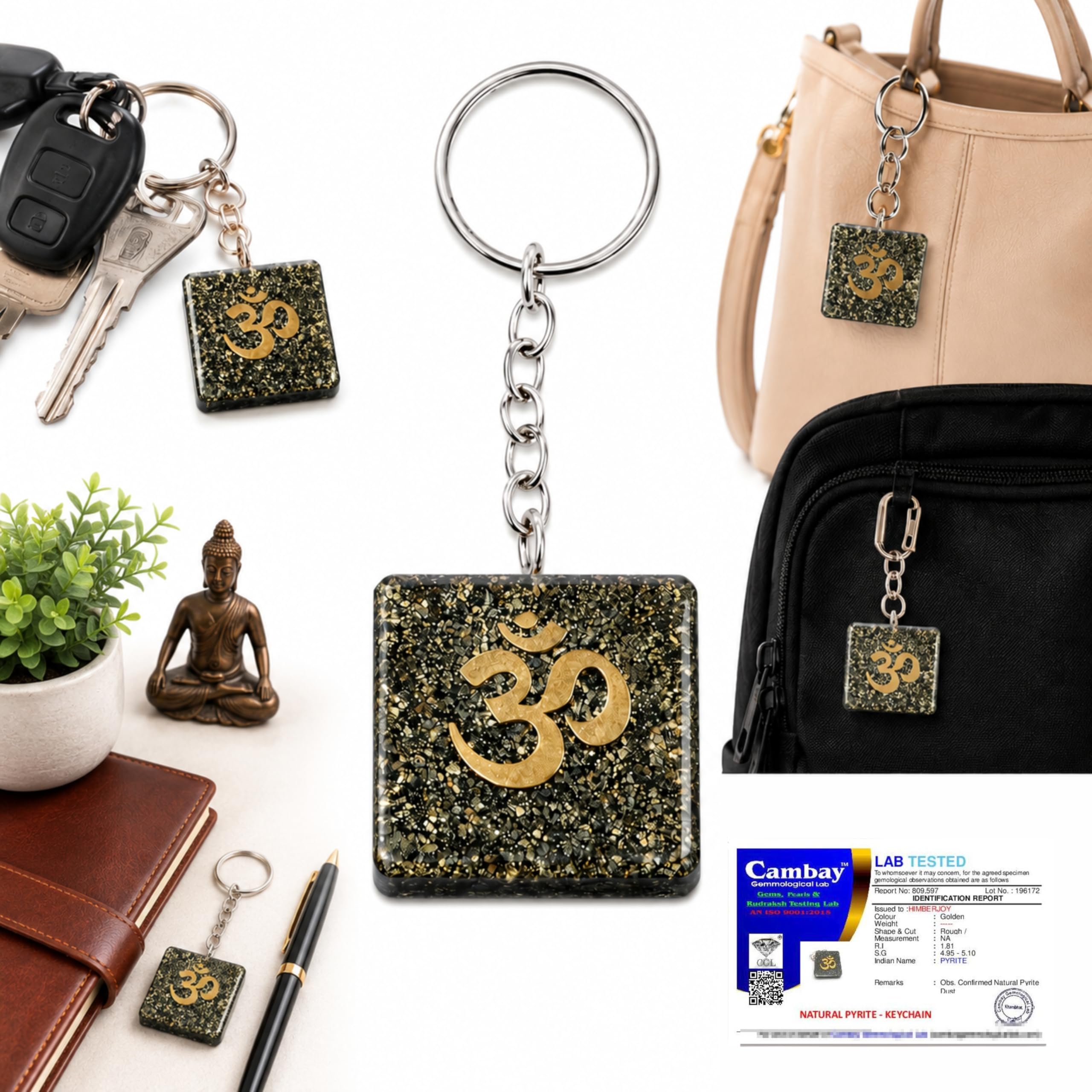 Pyrite Money Magnet Keychain – Natural Raw Pyrite Crystal for Wealth, Luck & Prosperity, Feng Shui Vastu Keyring with Om Zibu Turtle Symbol, Protection Abundance Energy Charm Gift for Men Women