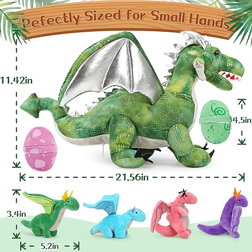 Miniatura 2 de Tezituor 7 piezas de animales de peluche de dragón, 22 pulgadas, mamá dragón de peluche con 4 dragones bebé y 2 huevos, juguetes de dragón de
