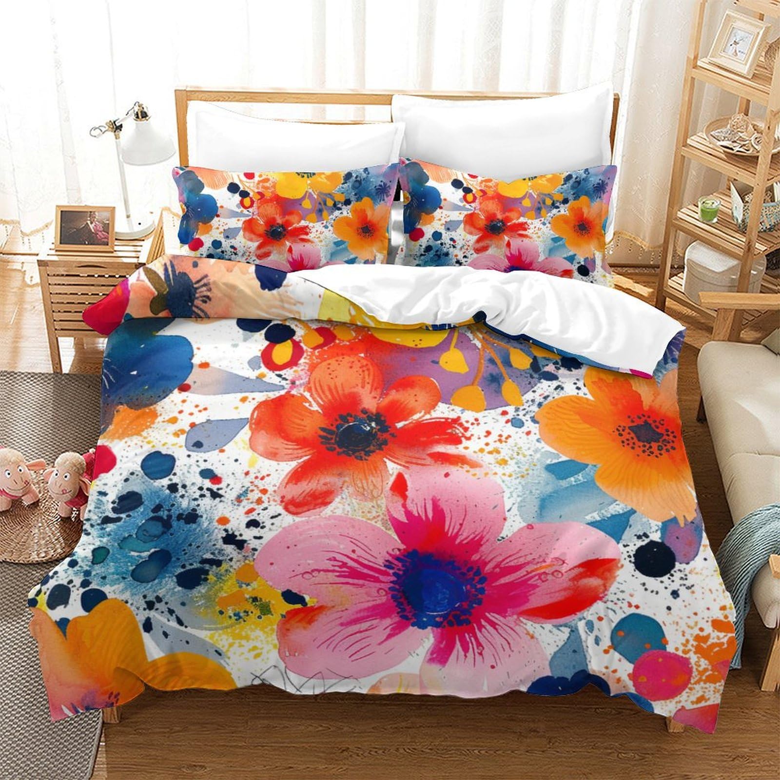 Parure de lit fleurs aquarelle 3D King avec taies d'oreiller microfibre douce