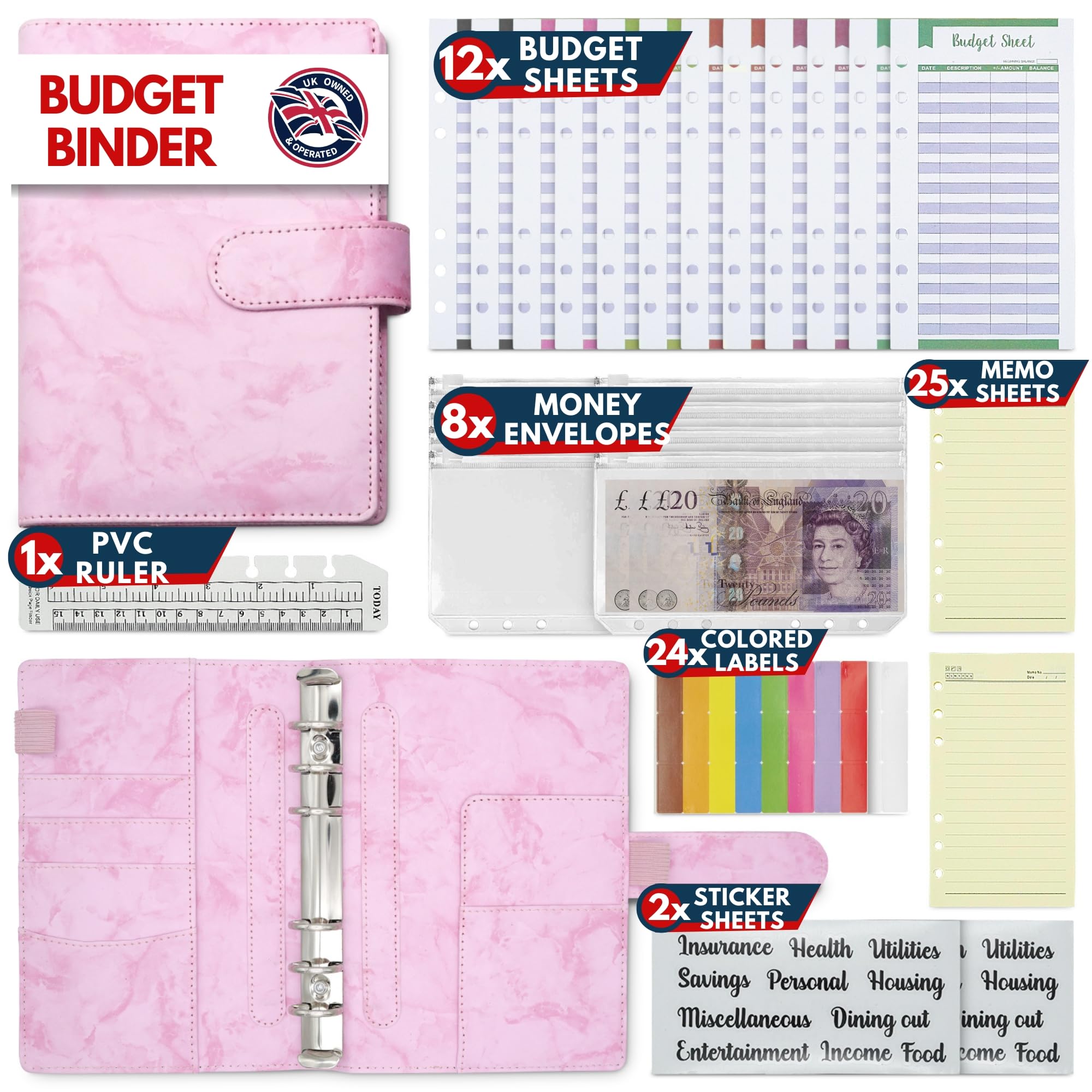 A6 PU Leather 51pcs Budget Binder Notebook - Money Saving Wallet Organizer with Plastic Money Wallet, Label Stickers, Ruler - Budget Planner & Cash Envelopes - Pink