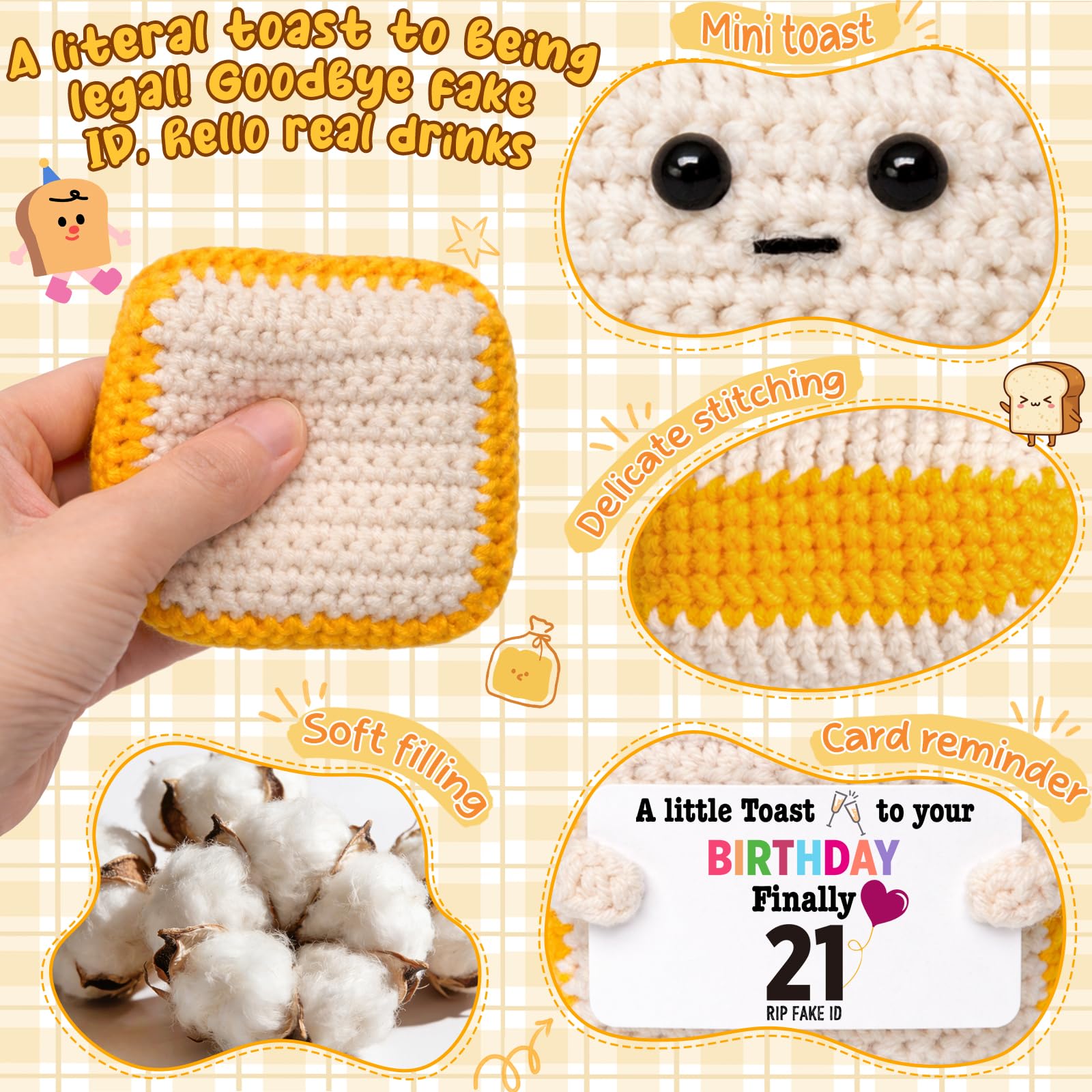 Finally 21 - Funny 21st Birthday Gift for Her Him - Crochet Toast with 'RlP Fake ID' Gag Message - Unique Adult Birthday Decor & Keepsake for Daughter, Son, Friend, Sister female Male From Mom Dad
