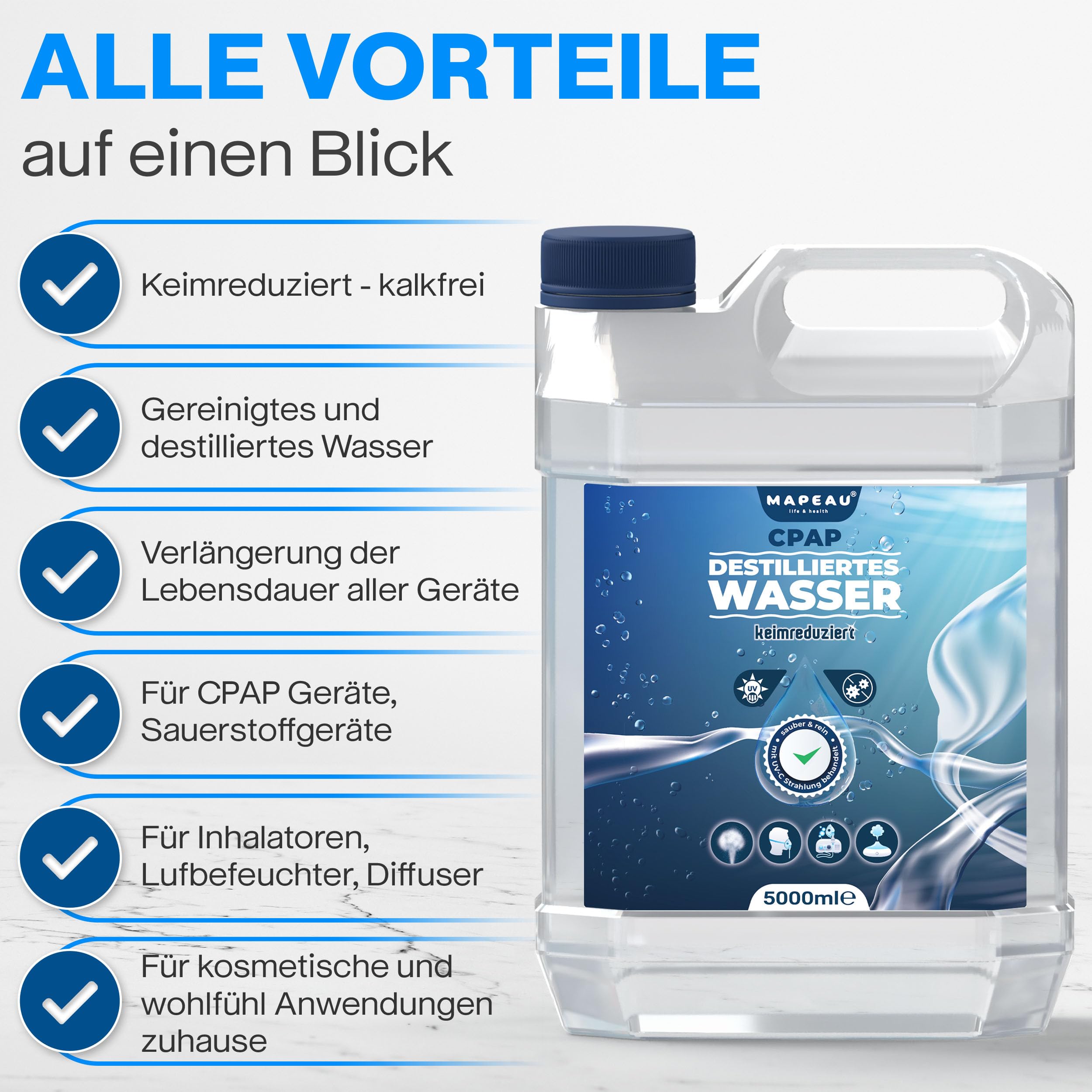 Mapeau 5L Keimreduziertes Wasser für Luftbefeuchter I Sauerstoff-Geräte, Inhalator, destilliertes Wasser für medizinische Zwecke CPAP, 5 Liter Kanister