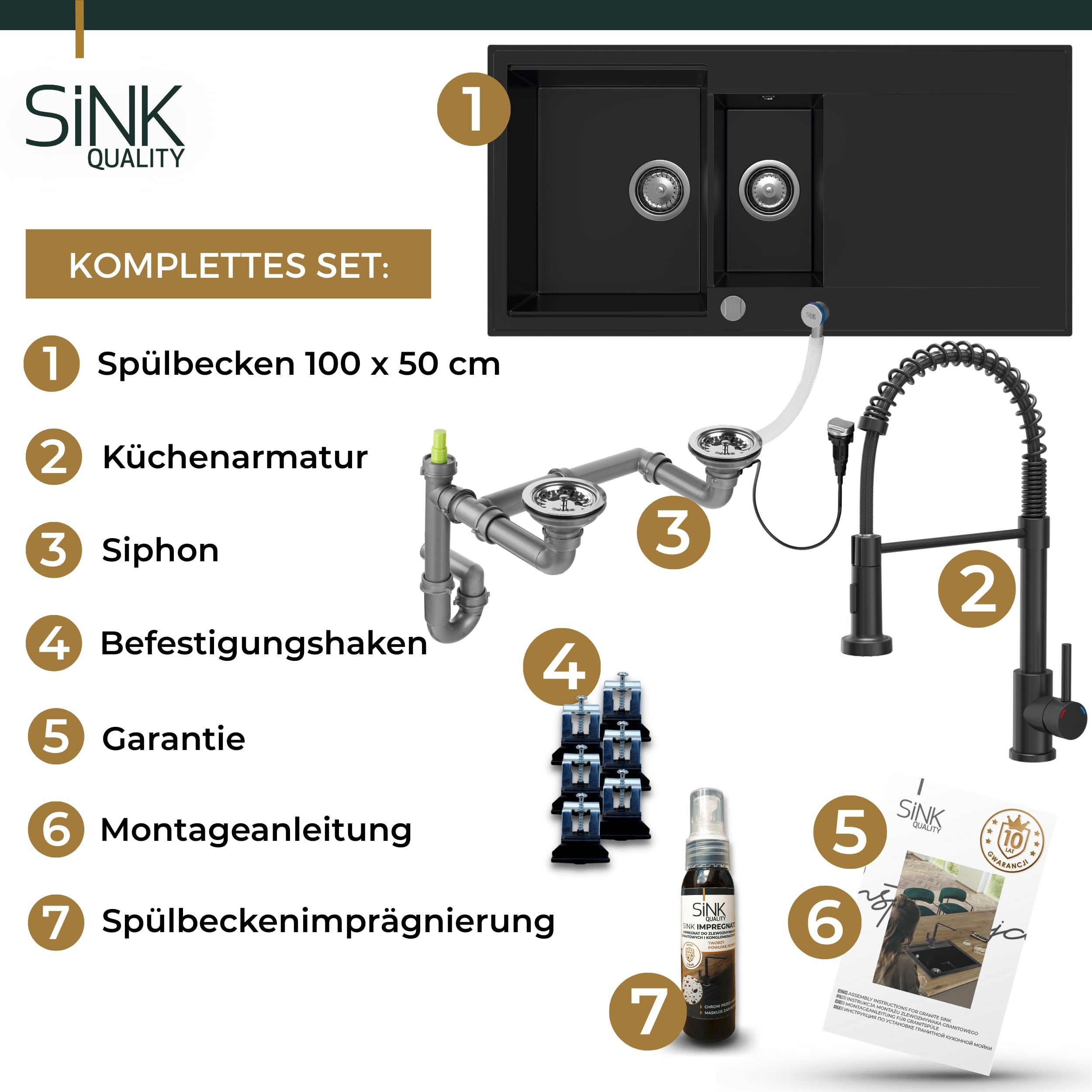 SINK QUALITY Évier de cuisine, en granit, noir, avec robinet, siphon et agent d'imprégnation, 100 x 50 cm, évier de cuisine à partir de 60 cm