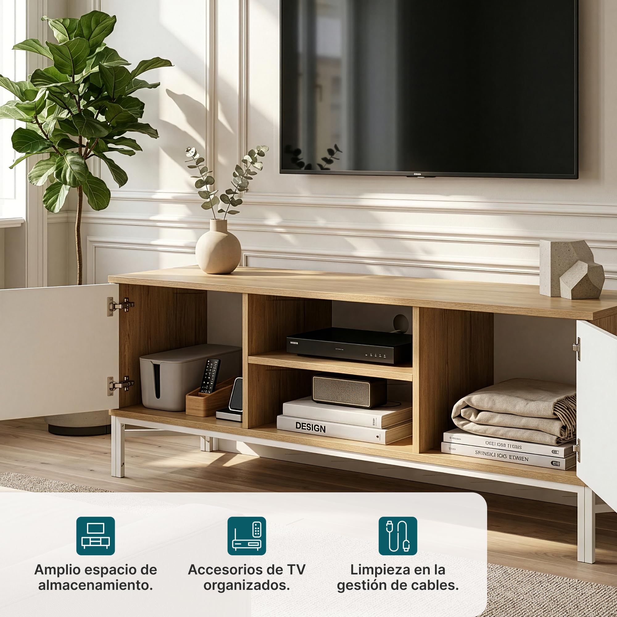 [en.casa] Mueble de TV Kerrköndam con Puertas 120x40x46 cm Roble y Blanco
