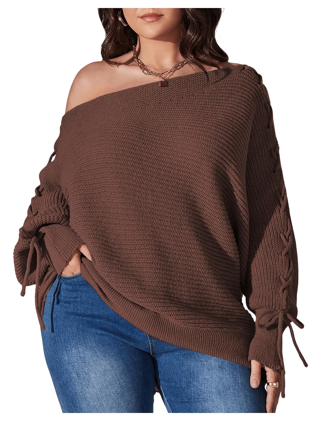 SOLY HUX Plus Size Off The Shoulder Sweaters for Women Lace Up Long Sleeve Knit Pullover Tops