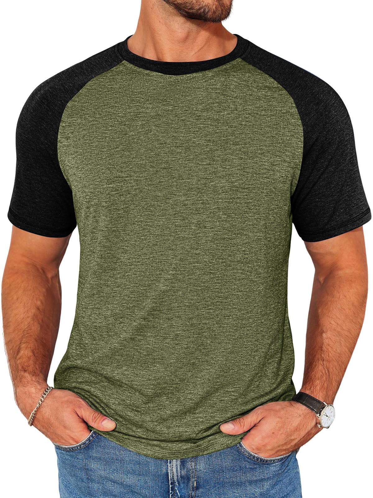 Runcati Mens Casual Slim Fit T Shirts Raglan Short Sleeve Crewneck Baseball Tees Color Block Workout Fashion Shirt