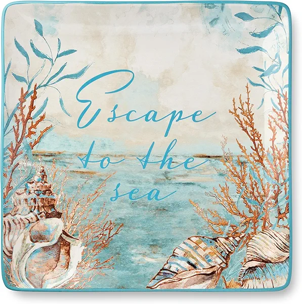 Escape to the Sea 12.5-Inch Square Platter, Coastal Seashell & Coral Design, Durable Ceramic, Dishwasher Safe, Elegant Ocean-Inspired Serving Tray for Appetizers, Desserts & More