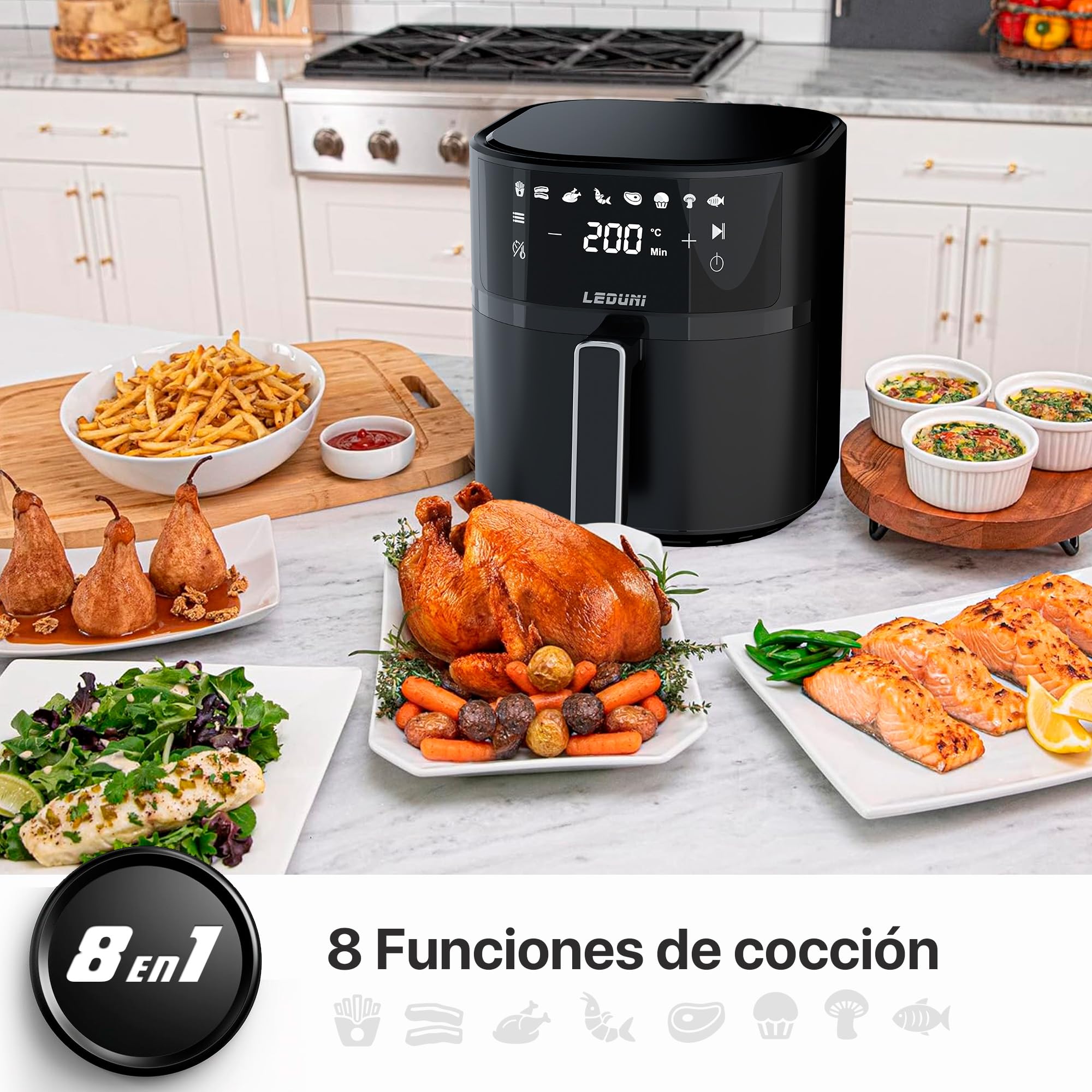 Leduni Freidora de Aire sin Aceite 6L de capacidad 1700 W, Uso Sencillo, Panel Táctil Air Fryer,Temperatura Regulable 80-200°C, ahorro energético hasta 70% (Negro 6L)