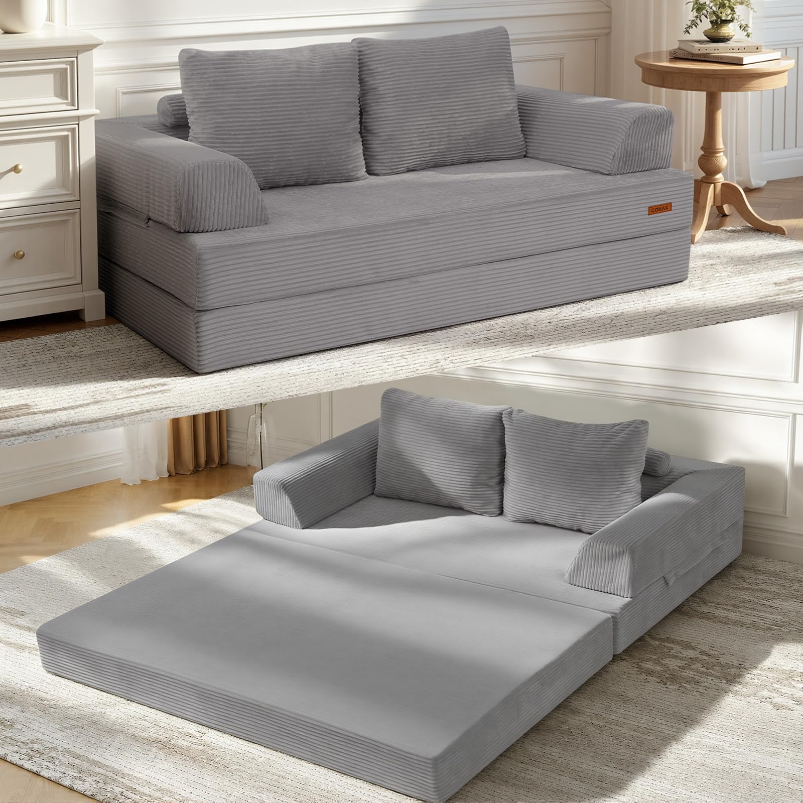 COMAX Futon Sofa Bed, Convertible Sofa Bed, Folding Boneless Couches | Low-Profile Boneless Couch for Living Room, 11.8" H Low Seat Small 59" Foldable Floor Sleeper Mattress Lounge Space‑Saving