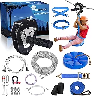 Zip Line Kit 120ft 150ft for Kids Adults Up to 380lb – Removable Lion Trolley, 6.5ft Spring Brake, Upgraded Ratchet Syste...