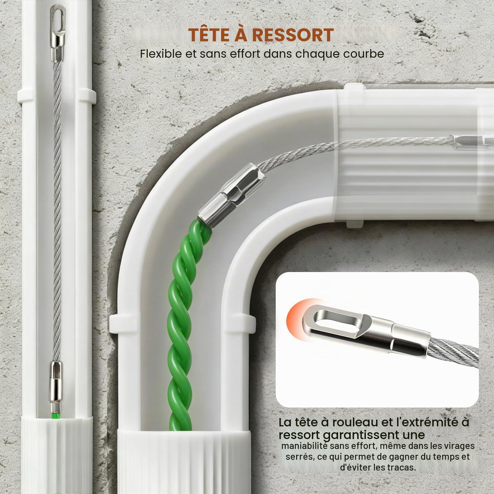 Aiguille Electricien 50m,4,5mm Tire Fils Electrique,Avec 1 Tire-Câble,2 Faisceaux De Câbles,Boîte De Rangement,Tire Câble Électrique Pour Câbles Et Travaux Électriques,Orange