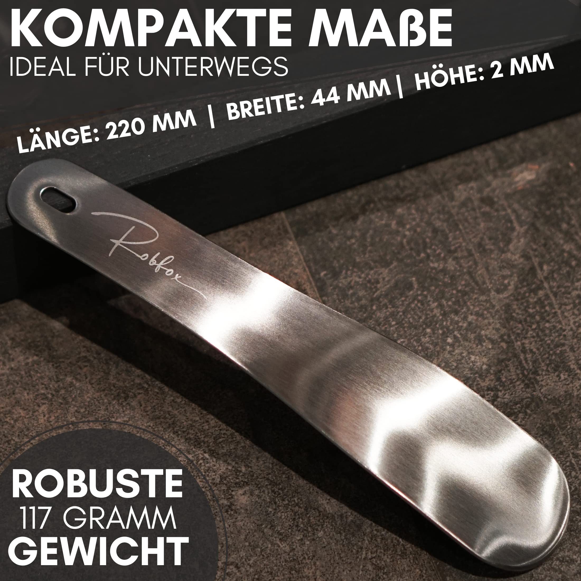 Robfox Schuhlöffel klein I 22cm lang & extra stabil I gebürstetes Metall I Schuhanzieher klein aus Edelstahl I kompakte Schuh Anziehhilfe I Schuhauszieher kurz I kleiner Kinder shoe horn