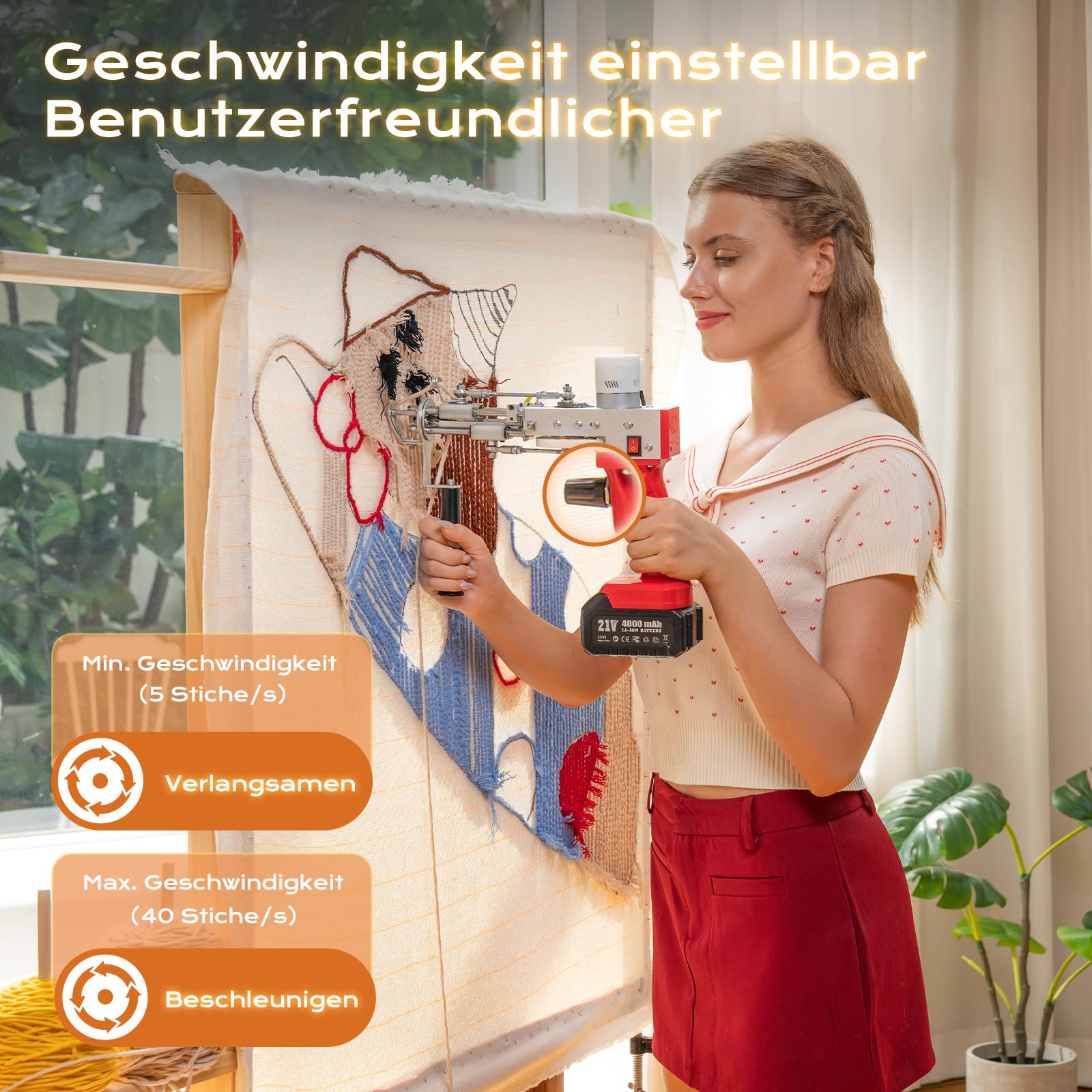 BESGEER Akku-Teppich-Tufting-Pistole mit Teppichschneide-Set, Tufting Gun Starter Kit inkl. 2 Stück 4,0Ah Batterien, 2-in-1-Tufting Kit Complete für Schnitt- und Schlingflor