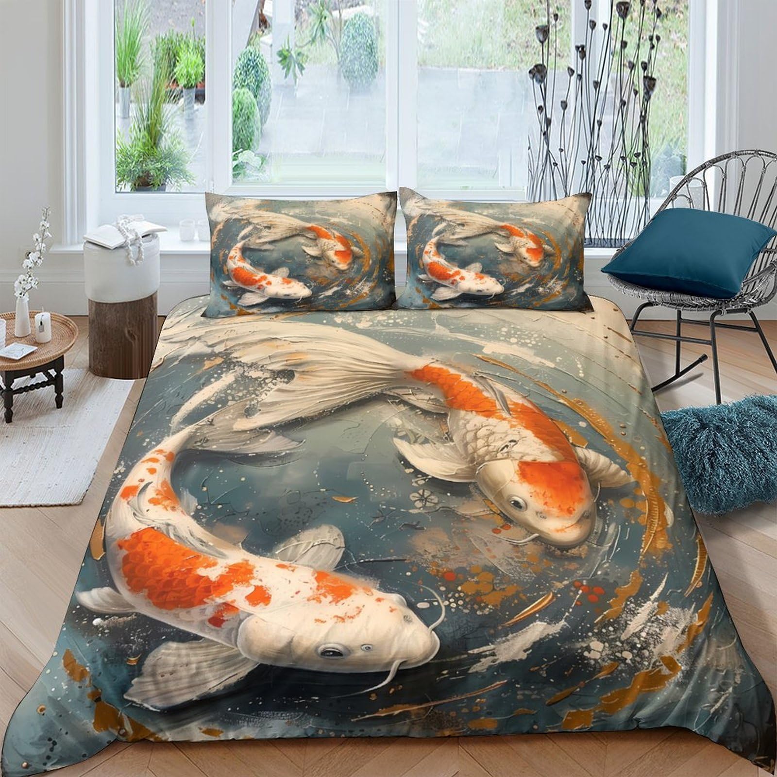 Ctjqhvkz Style-1 3D Printed Koi Fish Fitted Sheet Microfiber Soft Orange Blue Art Mattress Cover For Bedroom Decor Protection Single（135X200cm）