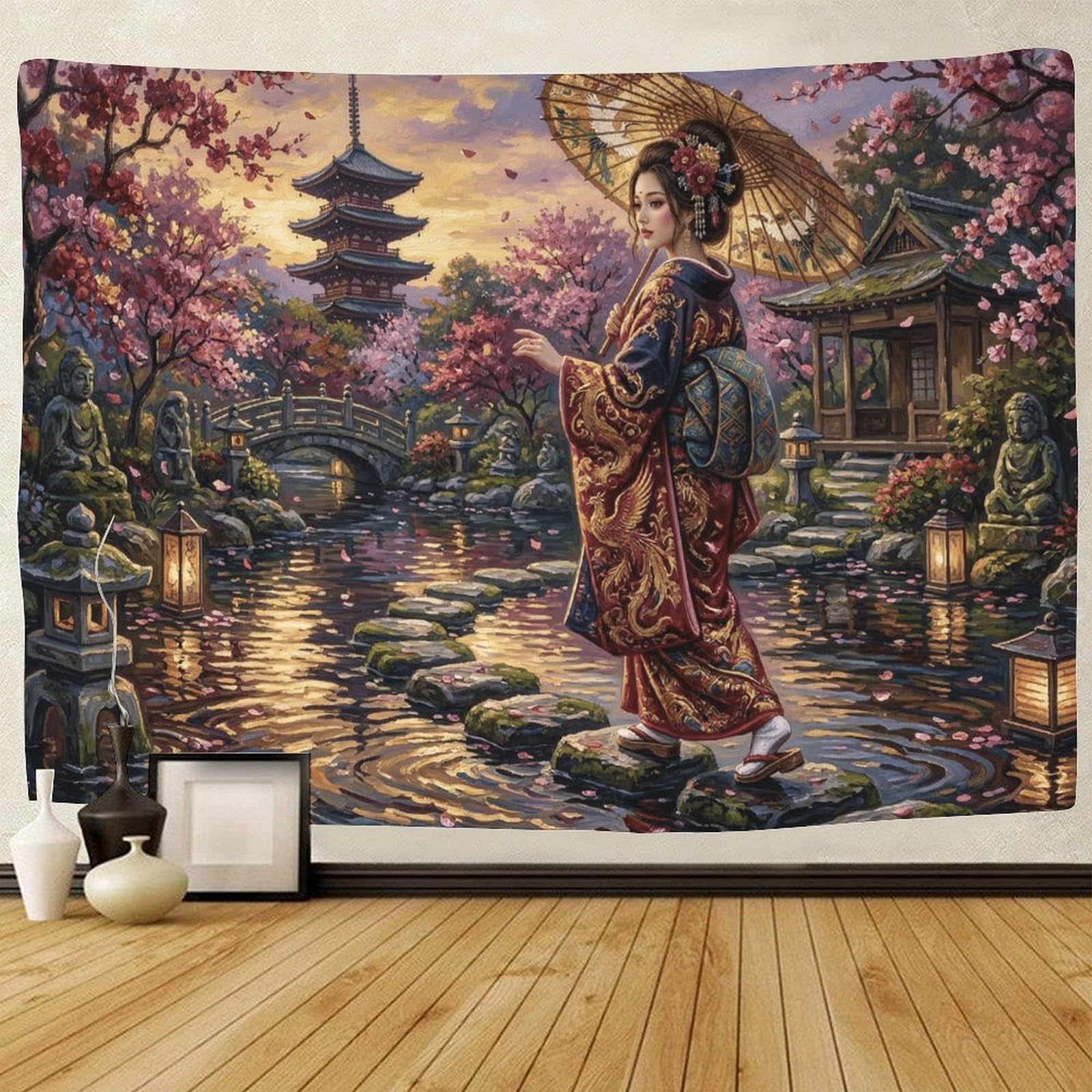 GPMNBCXZK Japanese Geisha 3D Wall Hanging Pagoda Traditional Bedroom Living Room Wall Art Decoration 70cmx100cm