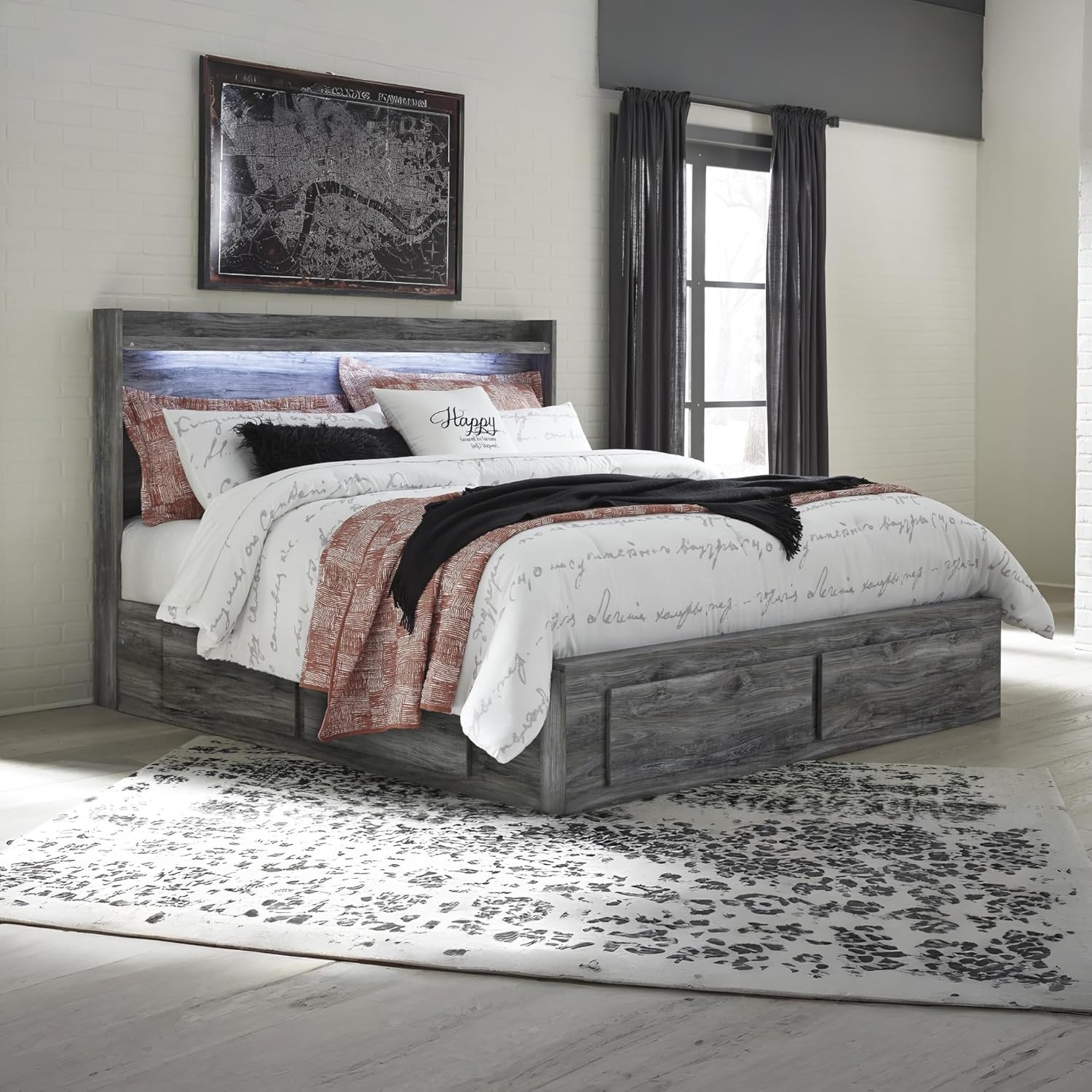 Signature Design by Ashley Baystorm Casual King Panel Platform Bed with 6 Storage Drawers and LED Light, Foundation or Box Spring Not Needed, Gray