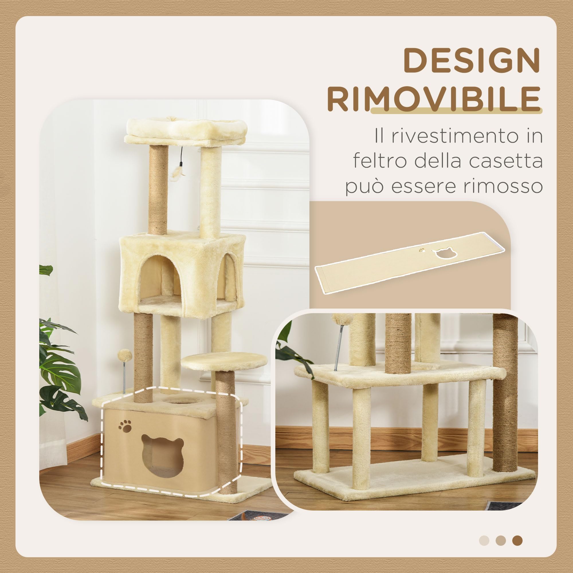 PawHut Albero per Gatti Adulti Tiragraffi 60x34x136 cm Beige | Cuccia Rimovibile, Tiragraffi per Gatti Multilivello, Pali in Iuta, 2 Cucce, Palle Giocattolo