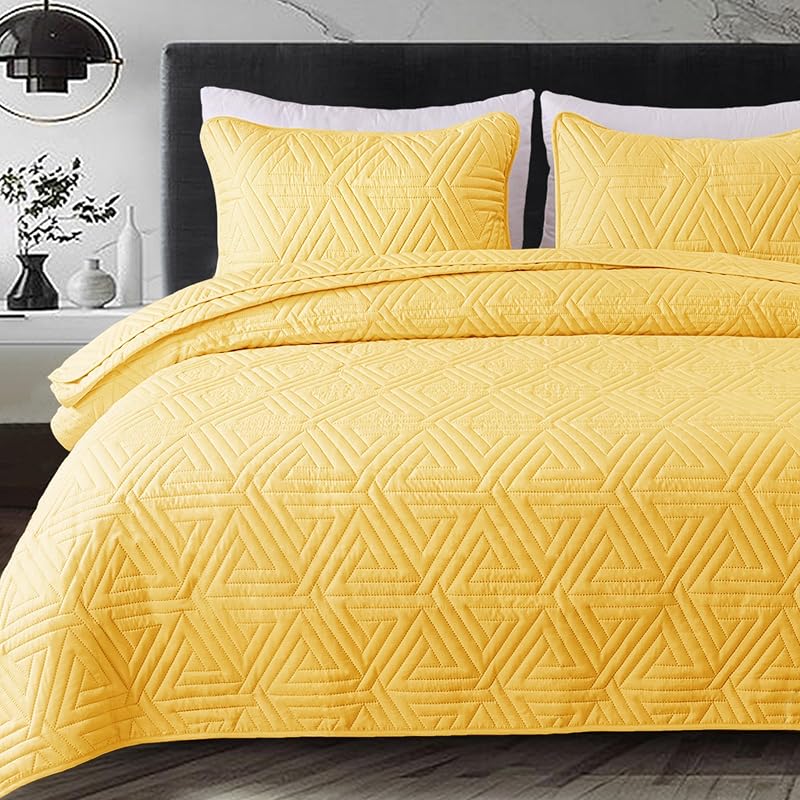 Whale Flotilla Soft Geometric Queen Quilt Set for All Seasons, Yellow | 3-Piece Breathable Bedspread Quilts Queen Size, Lightweight Ultrasonic Reversible Coverlet, Bed Cover with 2 Pillow Shams