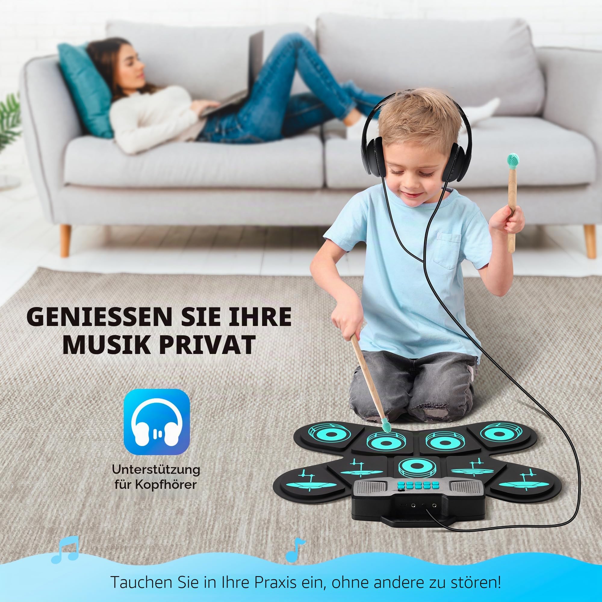 CAHAYA Elektronisches Schlagzeug für Kinder mit MIDI & Handgriff: Aufrollbar E-Drum-Set 9-Pads für Kinder Mit 2 Pedal, Stereo-Lautsprecher, Kopfhörerausgang, 10h Akkulaufzeit - CY00387-1