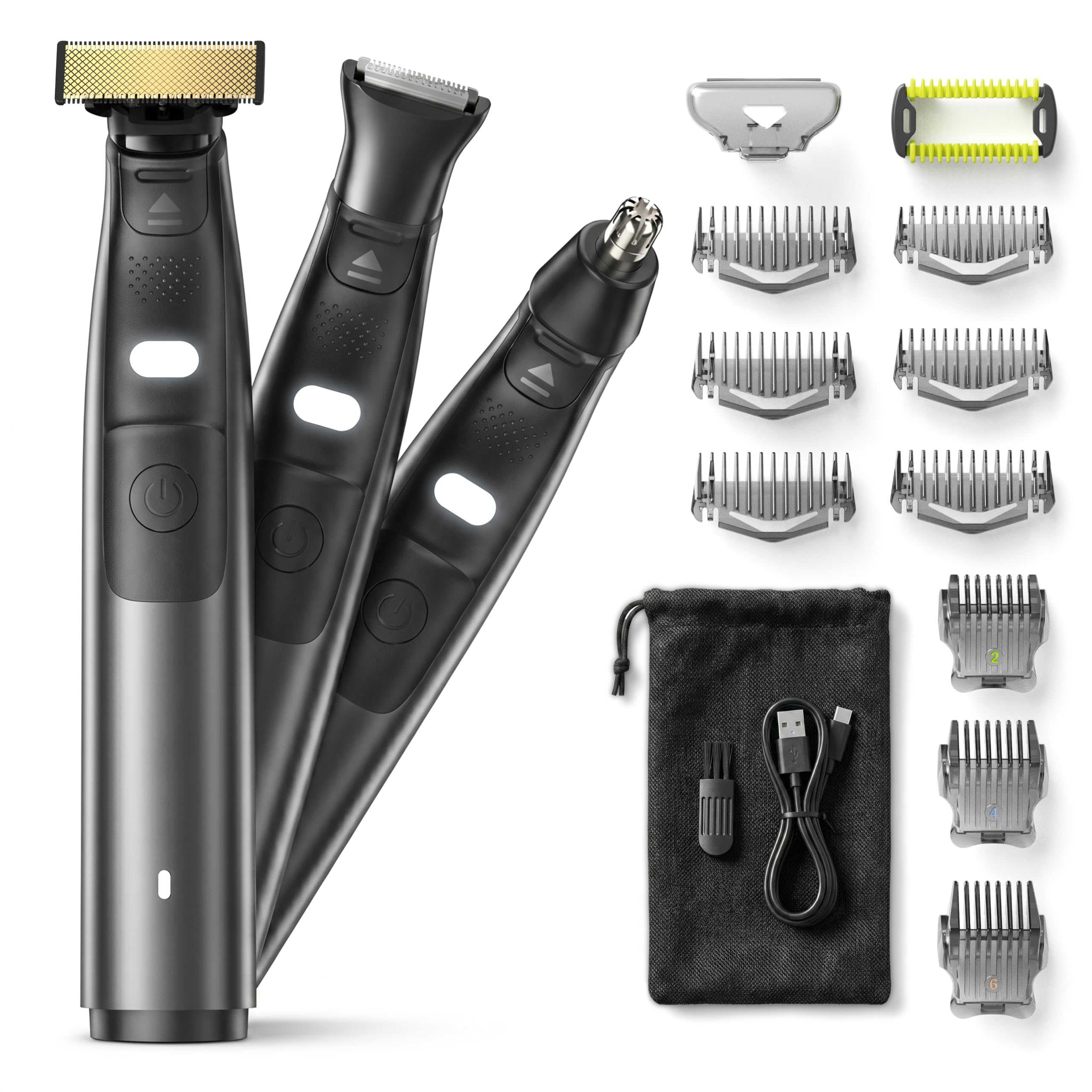 Kit de aseo para hombre, afeitadora eléctrica con luz LED, recargable por USB-C, IPX6 húmedo/seco para cuerpo y ingle, cabezal recortador de nariz, cabezal recortador de detalles, 6 peines guía de 1 a