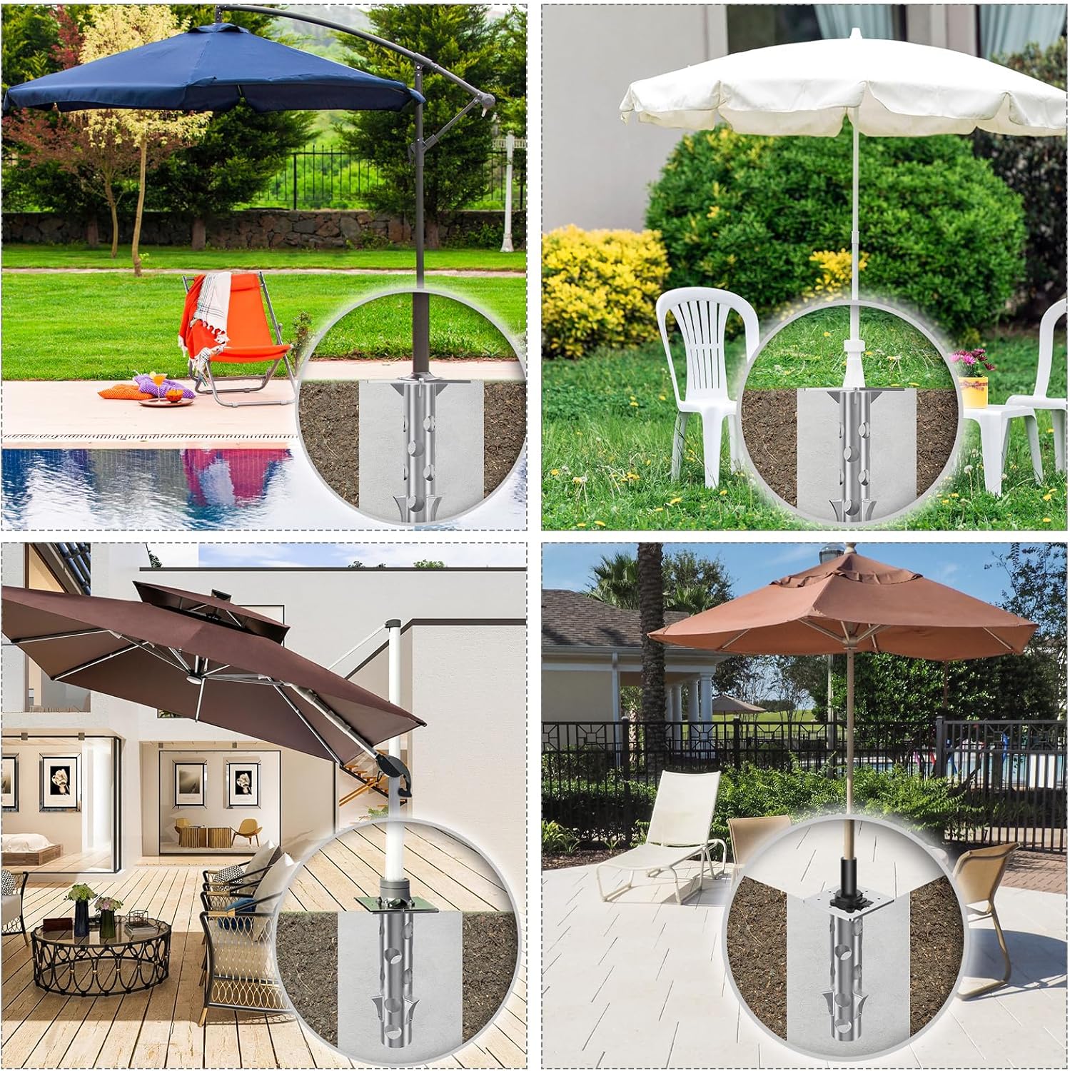 Universal In-Ground Umbrella Base, Rust-Resistant Steel Concrete Holder, Space-Saving Design for Outdoor Offset Cantilever Upright Umbrella Stand
