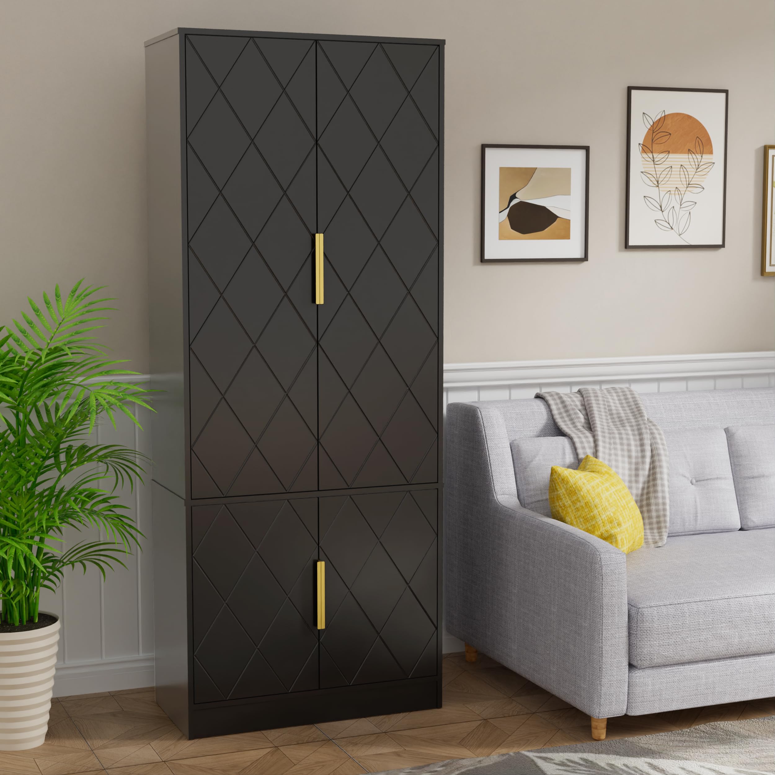 UEV Credenza Cucina Alta 150CM Design Diamante, Armadietto Highboard con 4 Ante, Grande Spazio di Archiviazione, Armadio Buffet Cucina Sicuro con Design Antiribaltamente, 60 x 30 x 150 cm, Nero