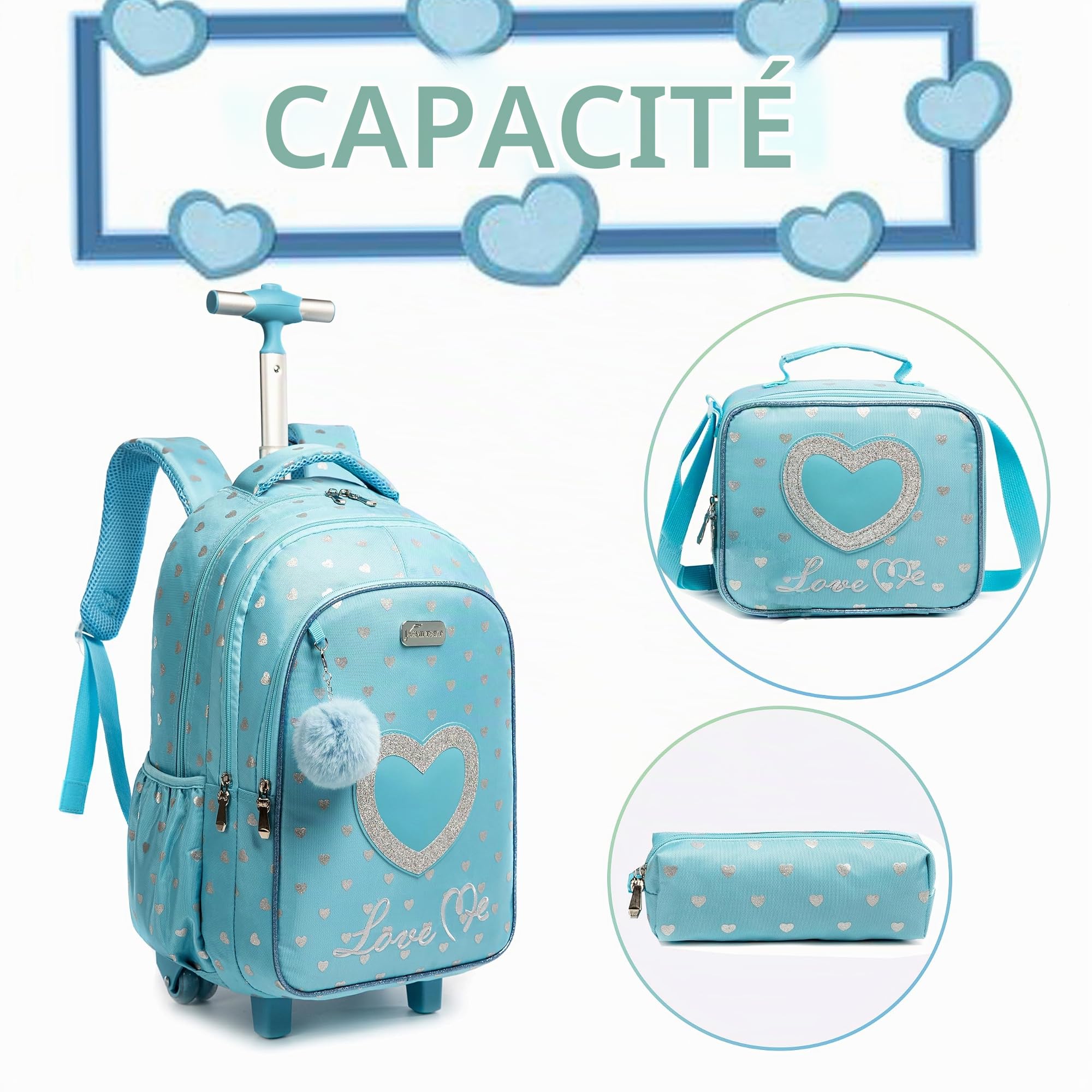 HTgroce Cartable à roulettes pour fille - Sac à dos à roulettes pour fille - Sac à dos d'écolier avec roulettes, Amour bleu, 46 x 30 x 20 cm, Très résistant