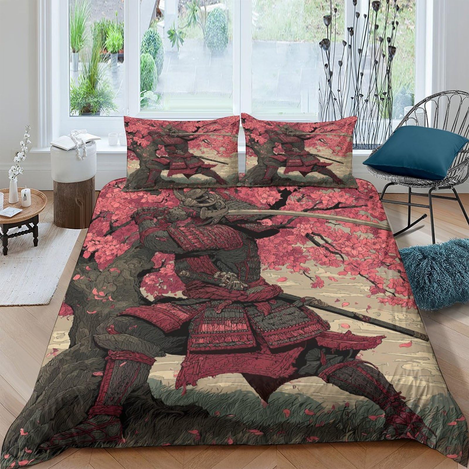 Ctjqhvkz Style-2 3D Printed Samurai Warrior Fitted Sheet Microfiber Red Black Japanese Art Bed Cover Bedroom Dorm Decor Single（135X200cm）