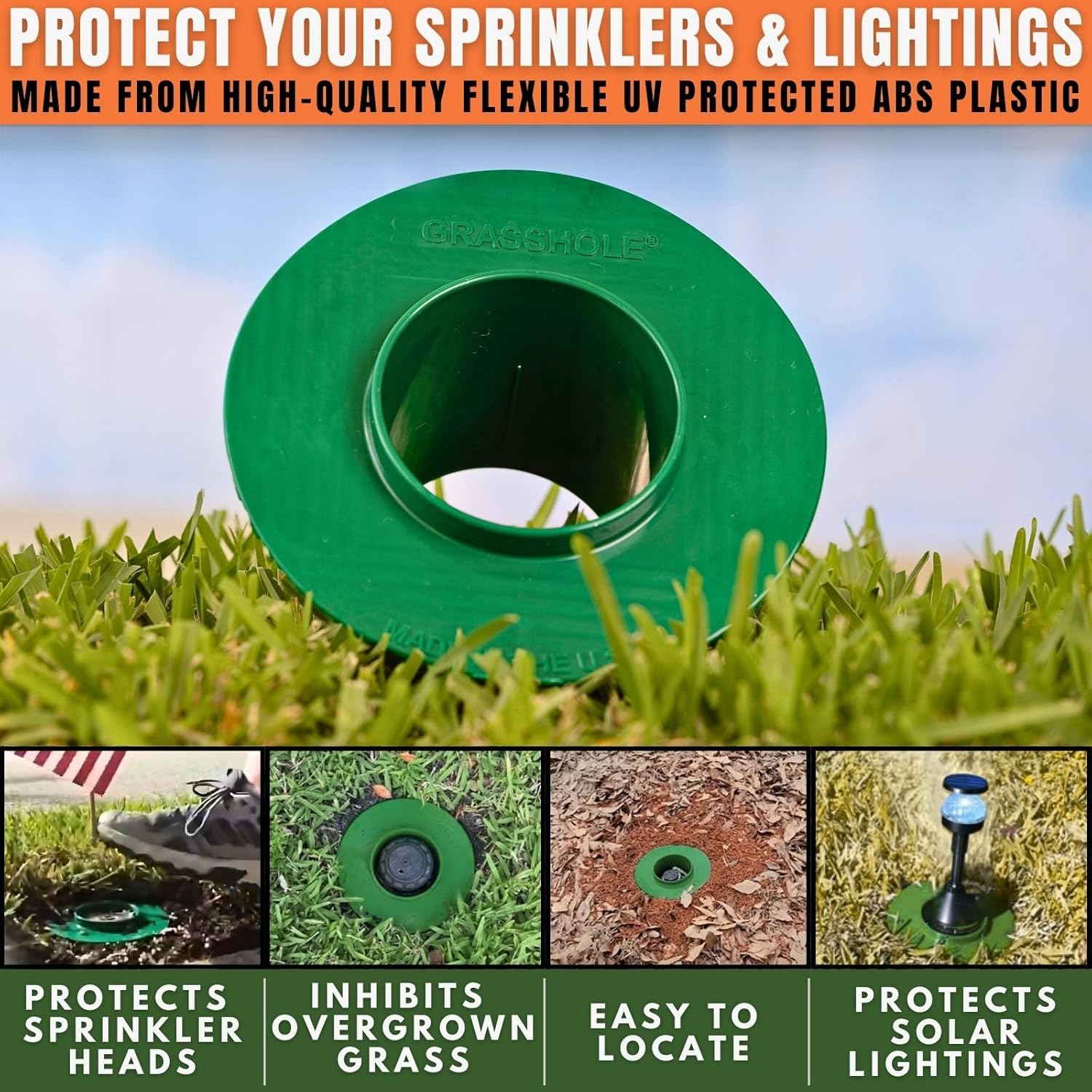 Sprinkler-Guard by GRASSHOLE - Patented Design Donut-Style Lawn Sprinkler Head Guard Protector to Prevent Damage from Mowers & Trimmers - Veteran Owned & Made in USA, 10 Pack