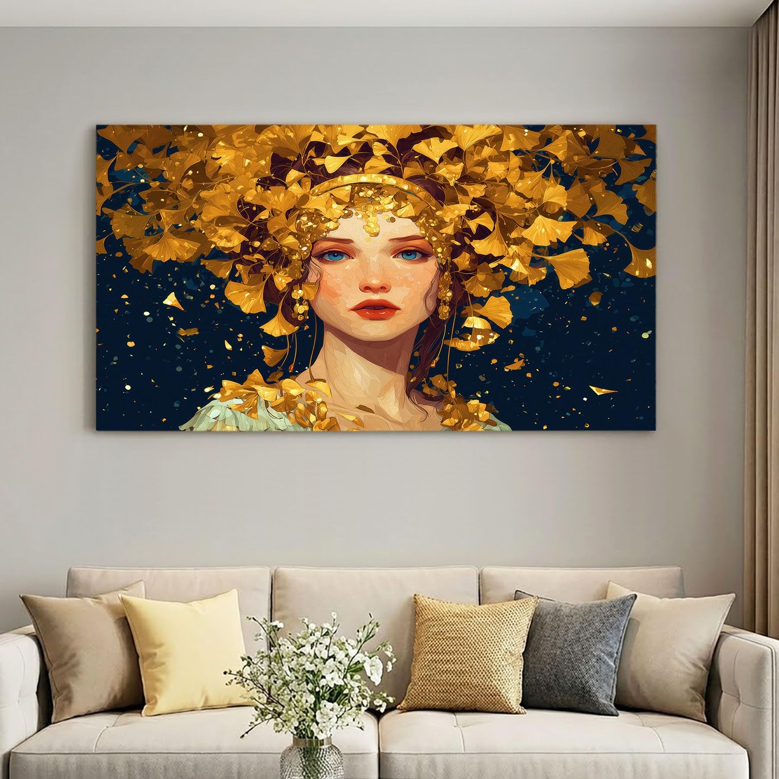 Leinwandbild Bilder 90 x 60 cm Fantasie Wanddeko, Schwarz Dame Gold Ginkgoblatt Kunstdruck, Wandbilder für Wohnzimmer, Schlafzimmer & Esszimmer