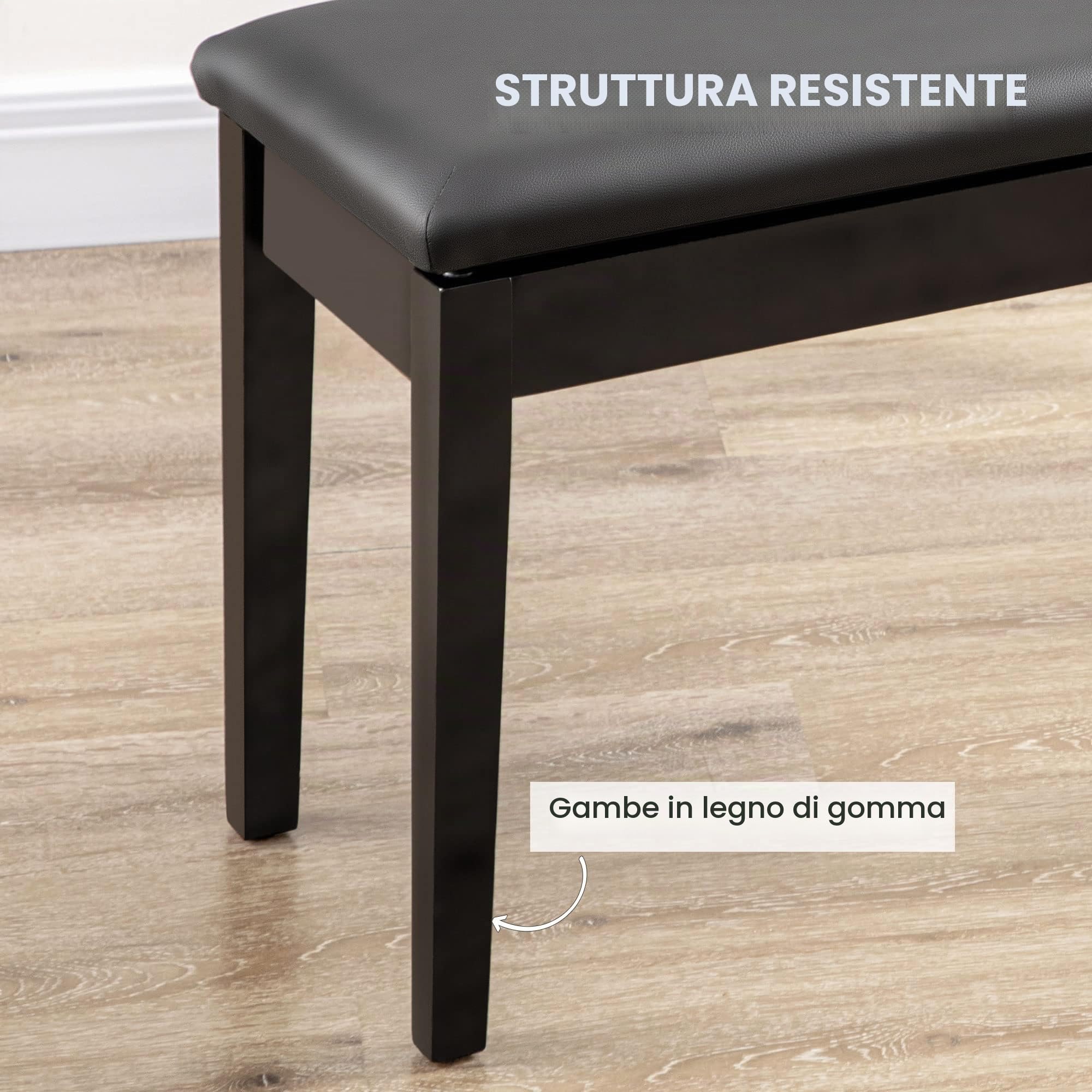 HOMCOM Sgabello per Pianoforte con Vano Contenitore PU 75x35x49cm Nero | Panca per Pianoforte, in Legno e Finta Pelle PU