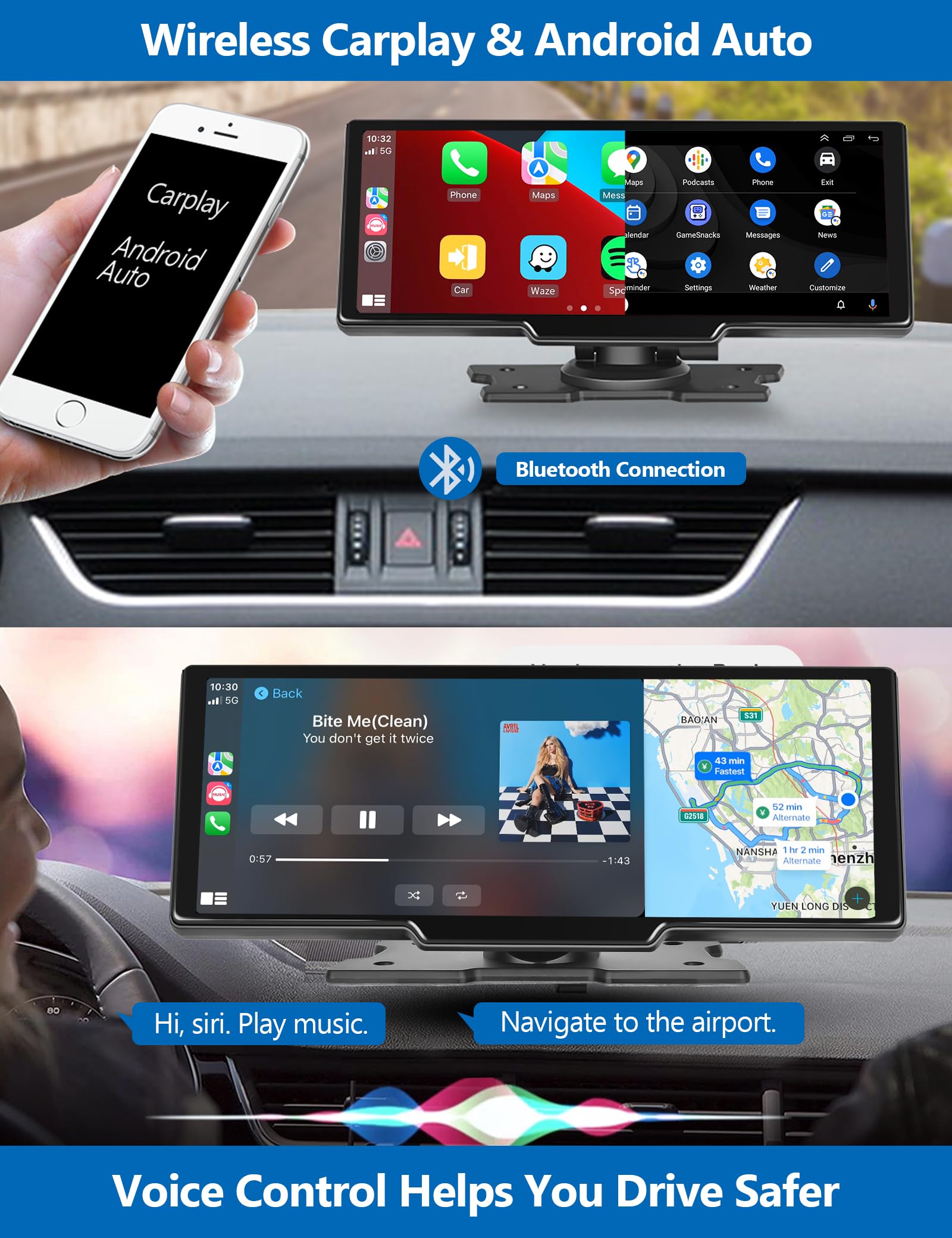 9''Car Stereo Wireless Apple Carplay Android Auto with Dash Cam 1080P