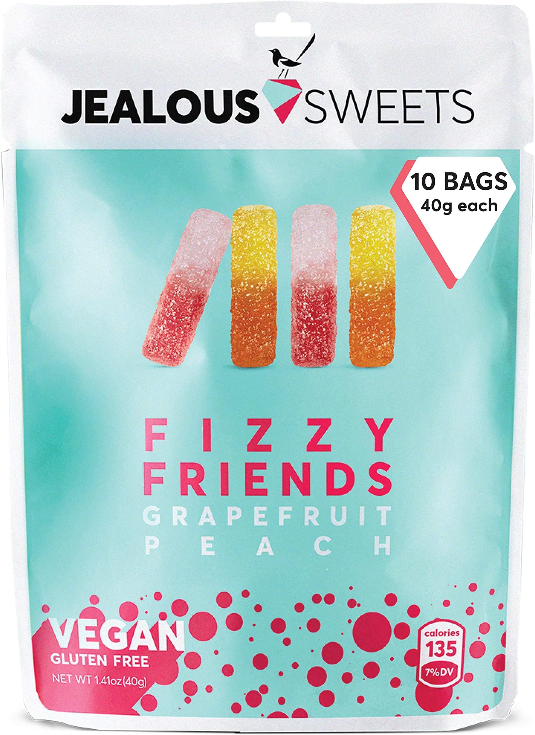 JEALOUS SWEETS Grapefruit & Peach Gummy Fizzy Friends (Big Pack of10x40g Bags) Vegan Gluten & Dairy Free Gummies. Tasty Natural Fruit Chewy Treats. No Artificial Colour, Gelatine Free Gums