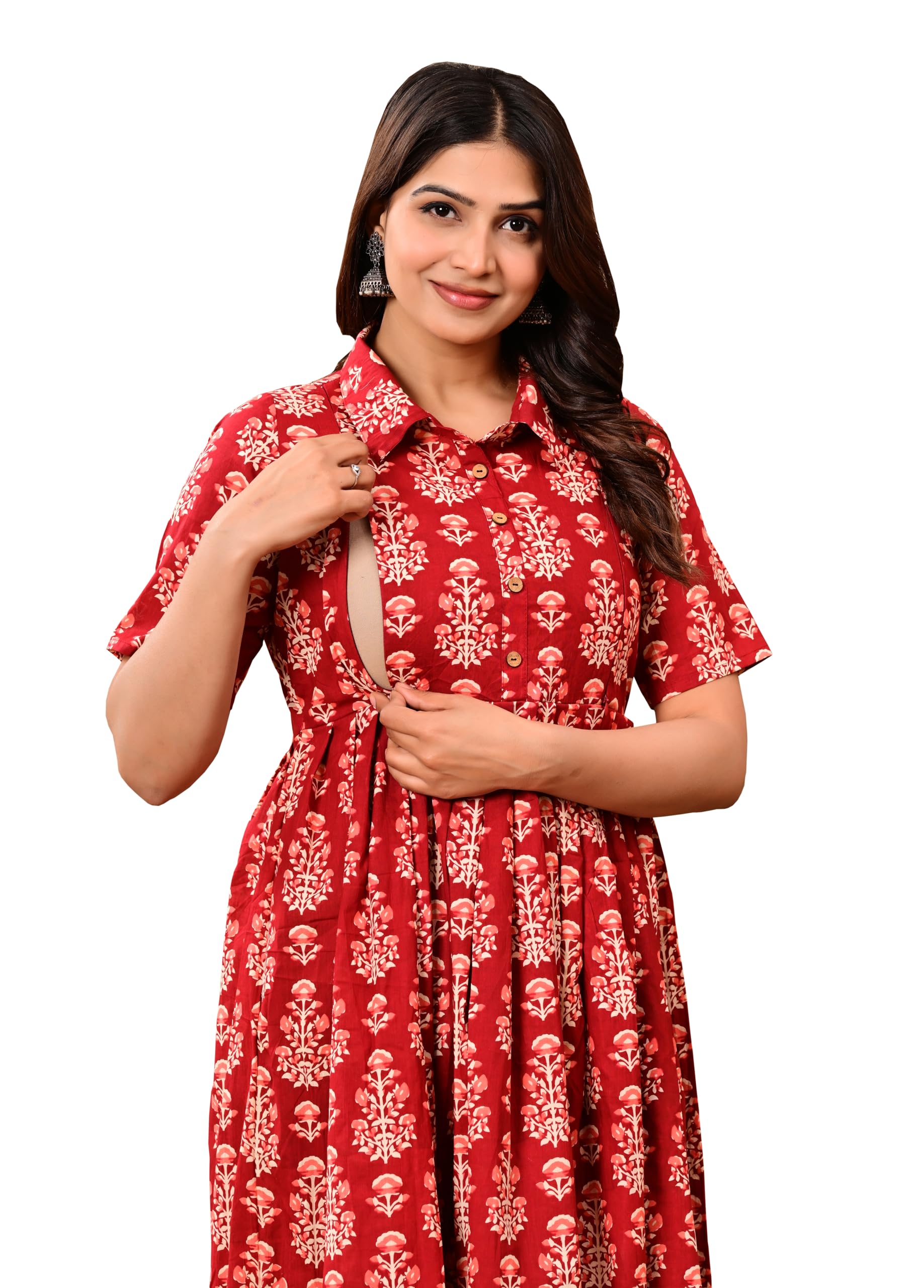 Cotton Maternity Dress for Women Feeding Kurti Pregnancy Wear Nursing & Post Delivery Dress Two Side Zipper-image-10