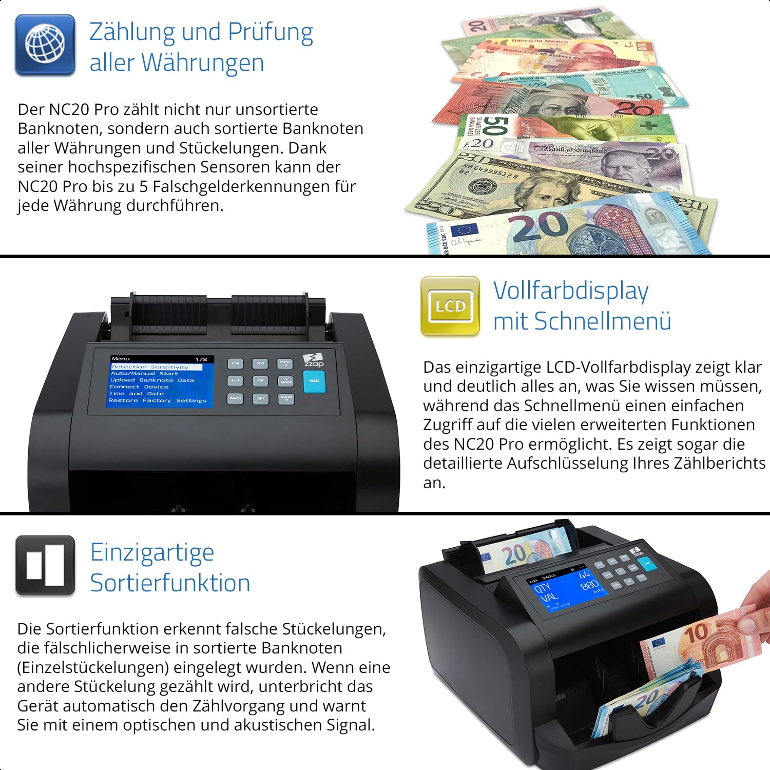 ZZap NC20 Pro Geldscheinzähler für gemischte Stückelungen & Falschgelddetektor - Geldzählmaschine Banknotenzählmaschine Geldzähler Wertzähler