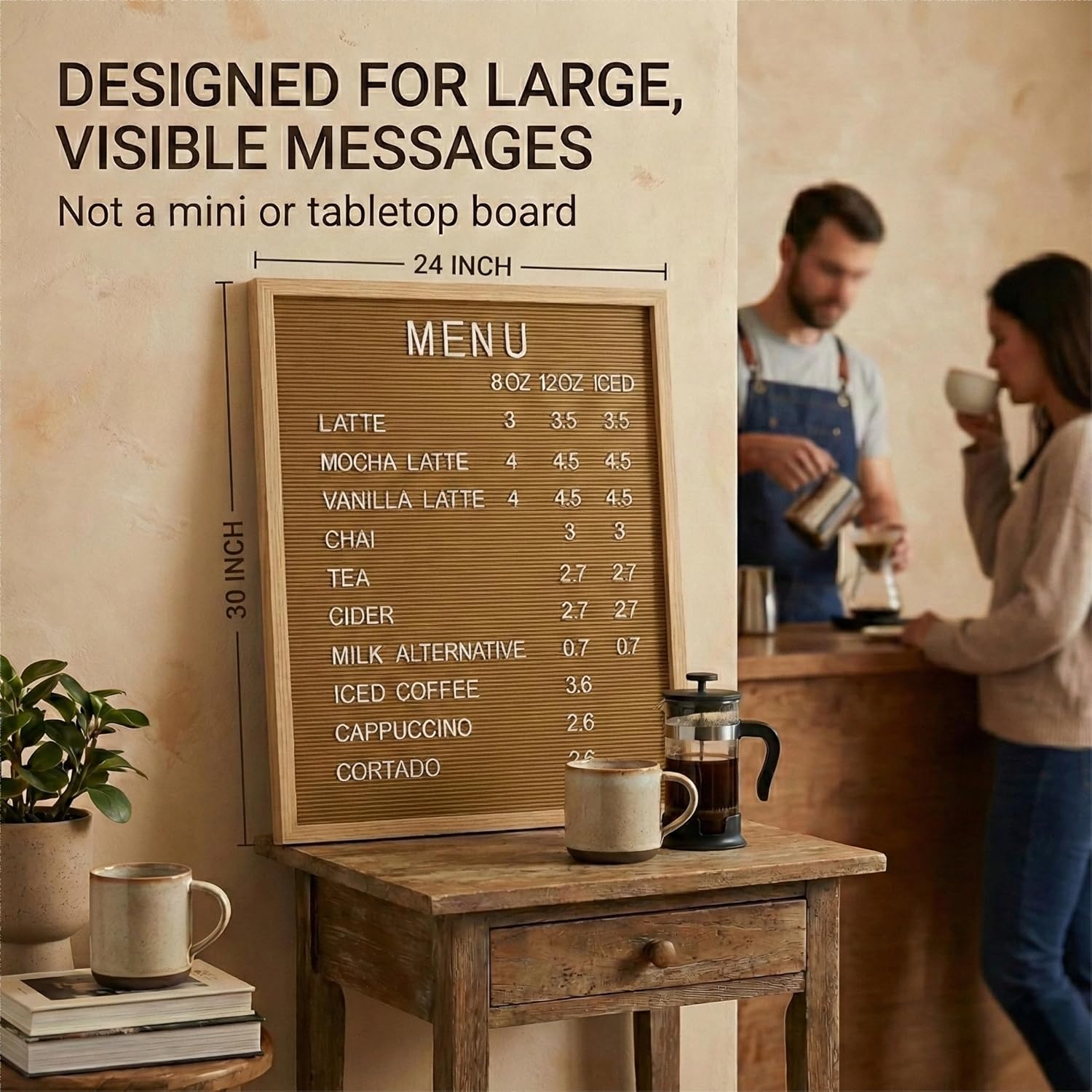 24 x 30 Inch Cappuccino Framed Felt Message Board – Large Changeable Letter Board with 966 Letters – Wall Mounted Display Board for Home Decor, Cafés, and Boutique Spaces