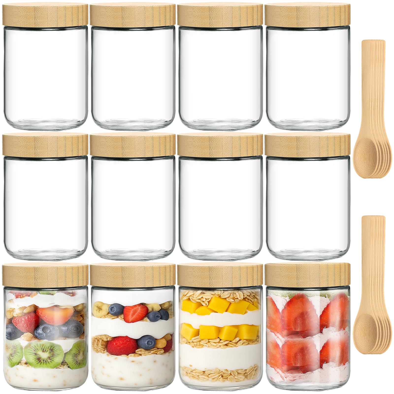 Photo 1 of TBWIND 12 Pack 16oz Glass Jars with Bamboo Lids, Spoons, Airtight Overnight Oats Containers, Salad& Yogurt Storage, Mason Jars for Snacks, Spices, Meal Prep – Reusable