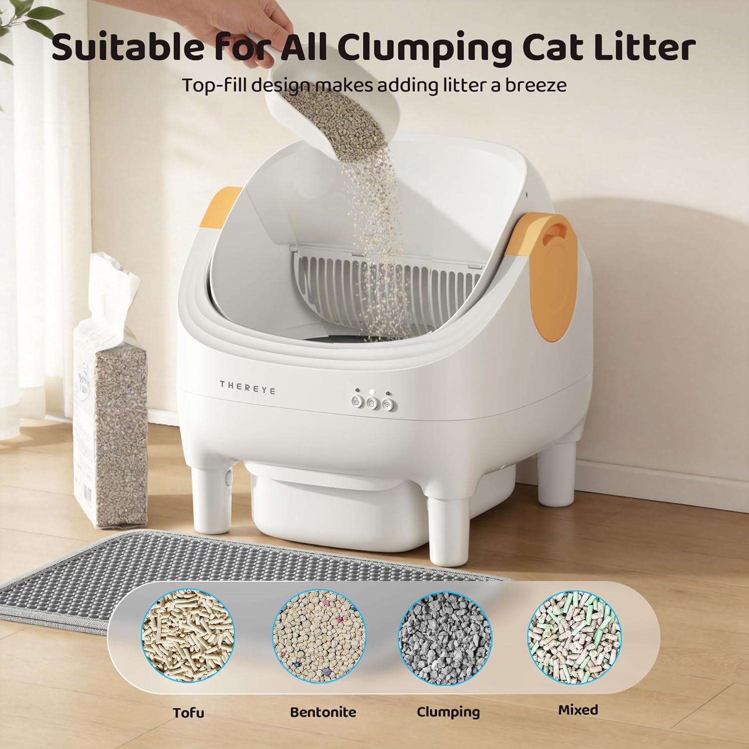 Thereye Self Cleaning Cat Litter Box, Open-Top Automatic Litter Box with APP Control, Safety Sensor and 10L Large Waste Bin, Smart Kitty Litter Boxes with Trash Bags and Mat for Multiple Cats