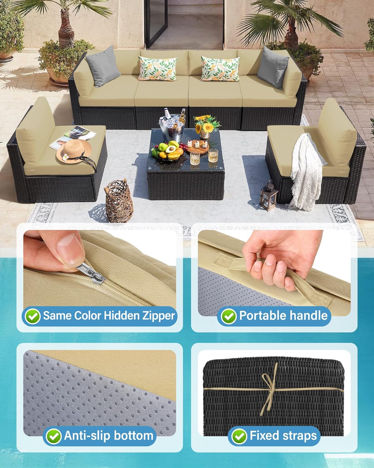 YEFU Patio Furniture Cushions Waterproof: Patio Cushions for Outdoor Furniture Olefin Fabric Fade-Resistant & All Weathe - Outdoor Sectional Replacement Couch for 6-Seat Rattan Wicker - Storage Bag