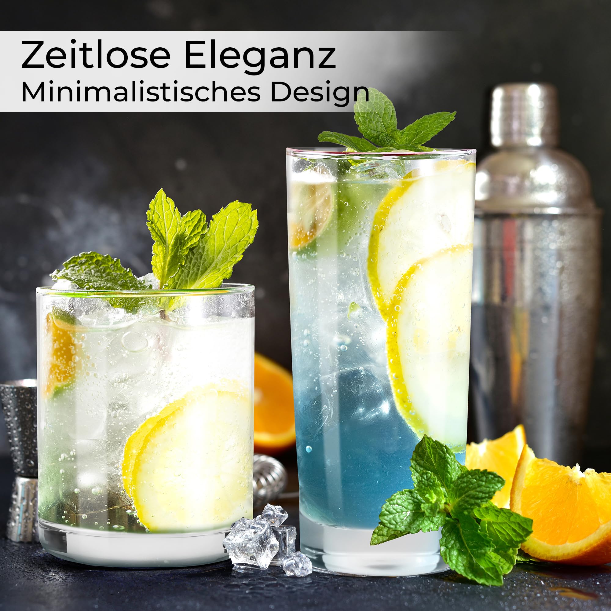 MIAMIO - Trinkgläser Set/Wassergläser Set (12 Stück) - spülmaschinenfest | Trinkgläser / Glas Set für Wasser, Saft und Getränke, Gläser Set für den Alltag (6x370ml, 6x 450ml)
