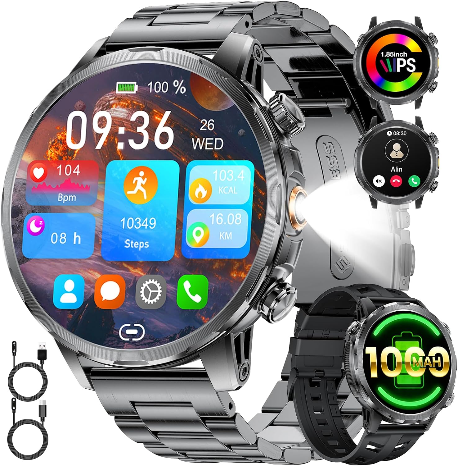 LIGE 1000mAh Smartwatch Uomo Militare, 1.85'' Orologio Smart Watch con Chiamata Bluetooth,100+ Modalità Sportive,Torcia LED Orologio Fitness,Sonno/Cardiofrequenzimetro,IP68 Orologio,Android iOS,Nero